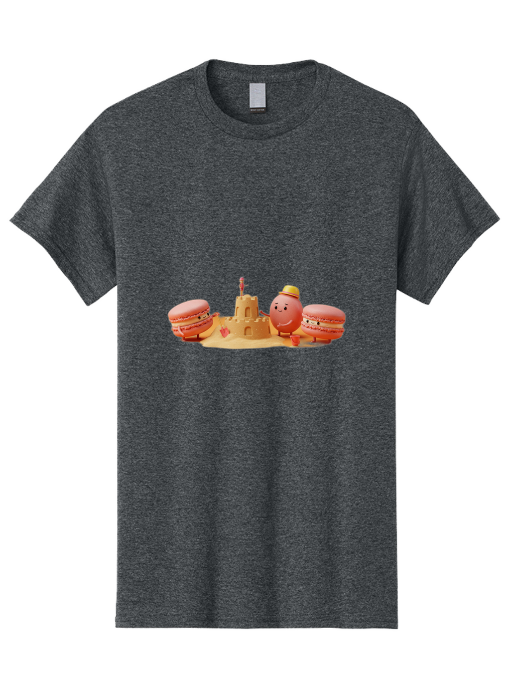 Macarons-And-Macaron-Character-By-Sandcastle Men'S Graphic Tee, 100% Cotton, Comfortable Casual Summer Wear, Machine Washable, Cartoon Macarons, Sandcastle, Beach Scene, Funny Friends, Sweet Treats, Summer Vibes, Playful Characters, Baa954
