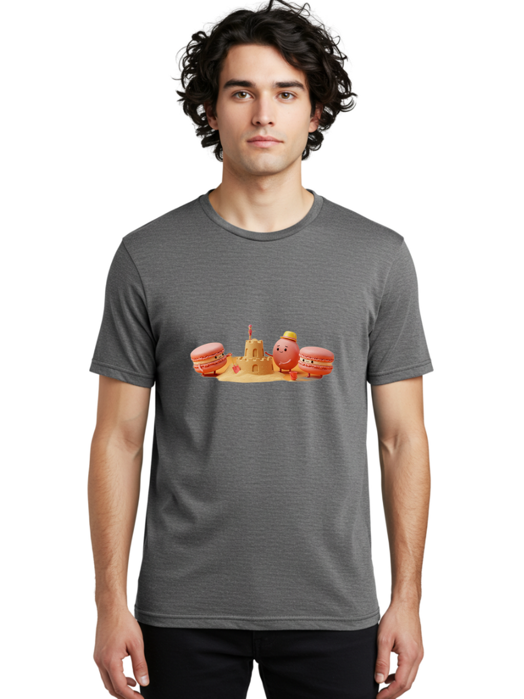 Macarons-And-Macaron-Character-By-Sandcastle Men'S Graphic Tee, 100% Cotton, Comfortable Casual Summer Wear, Machine Washable, Cartoon Macarons, Sandcastle, Beach Scene, Funny Friends, Sweet Treats, Summer Vibes, Playful Characters, Baa954