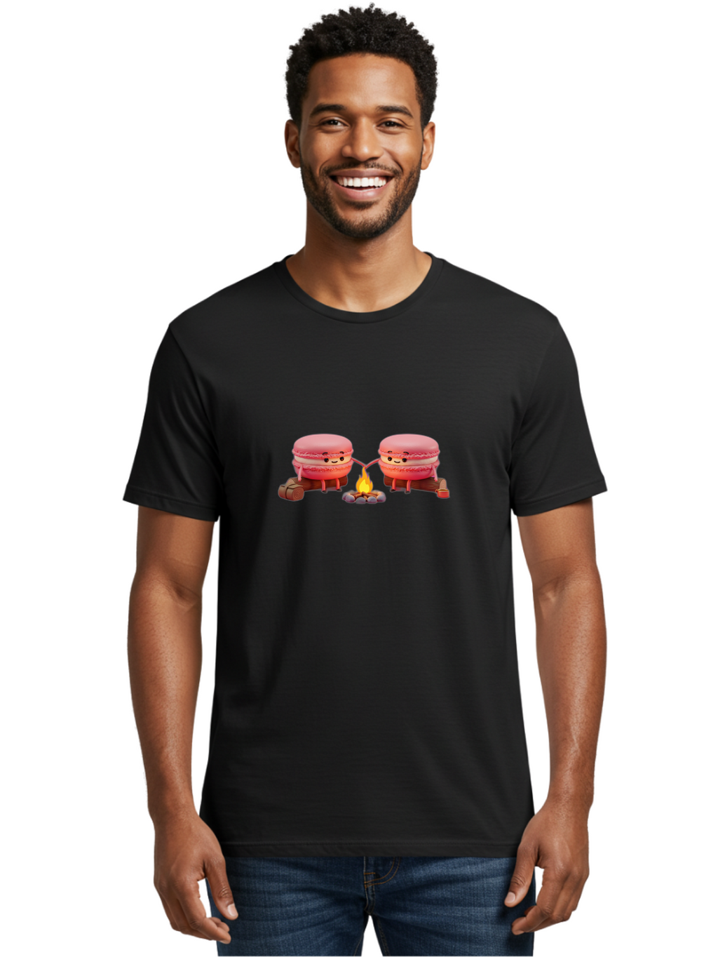 Macarons-By-The-Campfire Men'S Graphic Tee, 100% Cotton, Comfortable Casual Summer Wear, Machine Washable, Cartoon Macarons On Camping Trip, Adorable Dessert Characters, Macarons Holding Hands, Camping Adventure, Outdoor Fun, Sweet Treats, Baa955