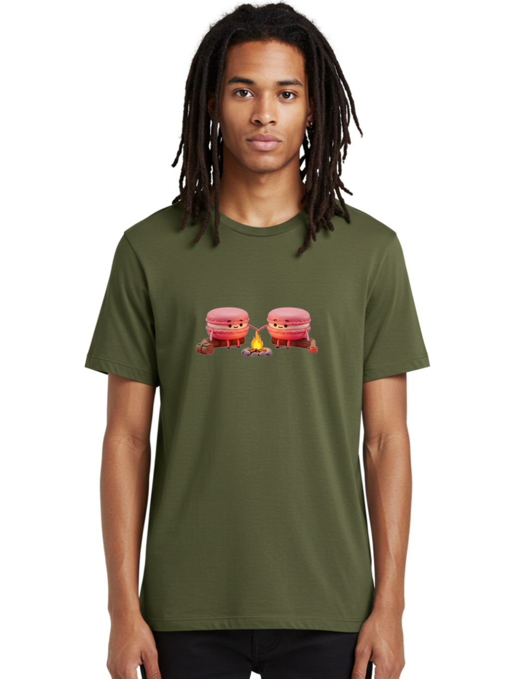 Macarons-By-The-Campfire Men'S Graphic Tee, 100% Cotton, Comfortable Casual Summer Wear, Machine Washable, Cartoon Macarons On Camping Trip, Adorable Dessert Characters, Macarons Holding Hands, Camping Adventure, Outdoor Fun, Sweet Treats, Baa955