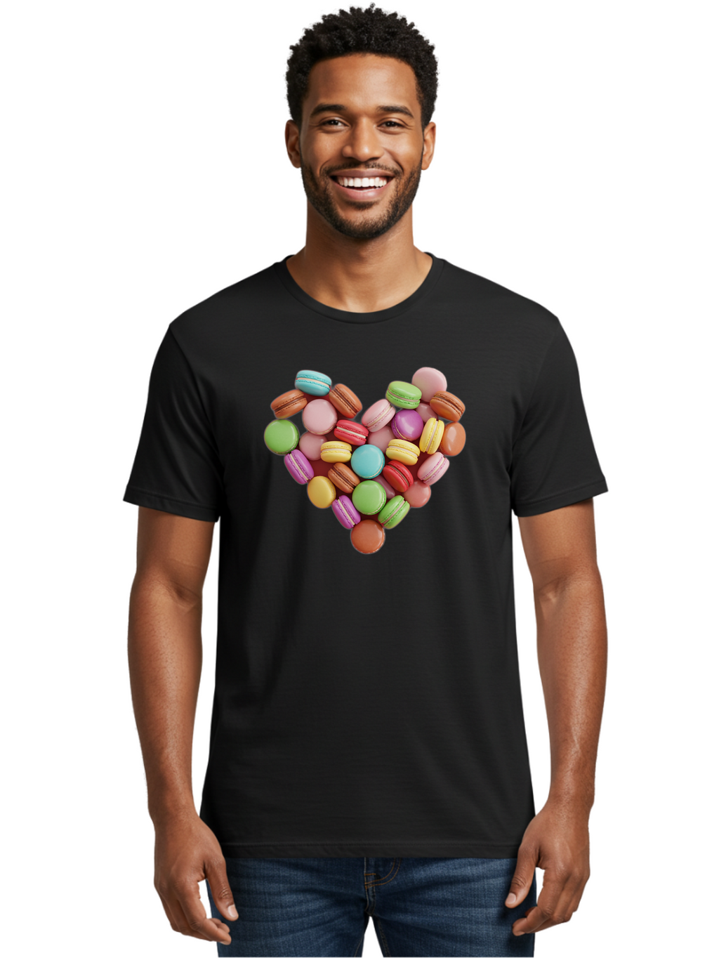 Macarons-Heart Men'S Graphic Tee, 100% Cotton, Comfortable Casual Summer Wear, Machine Washable, Pastel Colored Macarons, Heart-Shaped Arrangement, Sweet Treats, Desserts, Colorful Sweets, French Patisserie, Macaron Dessert, Vibrant Colors, Baa956