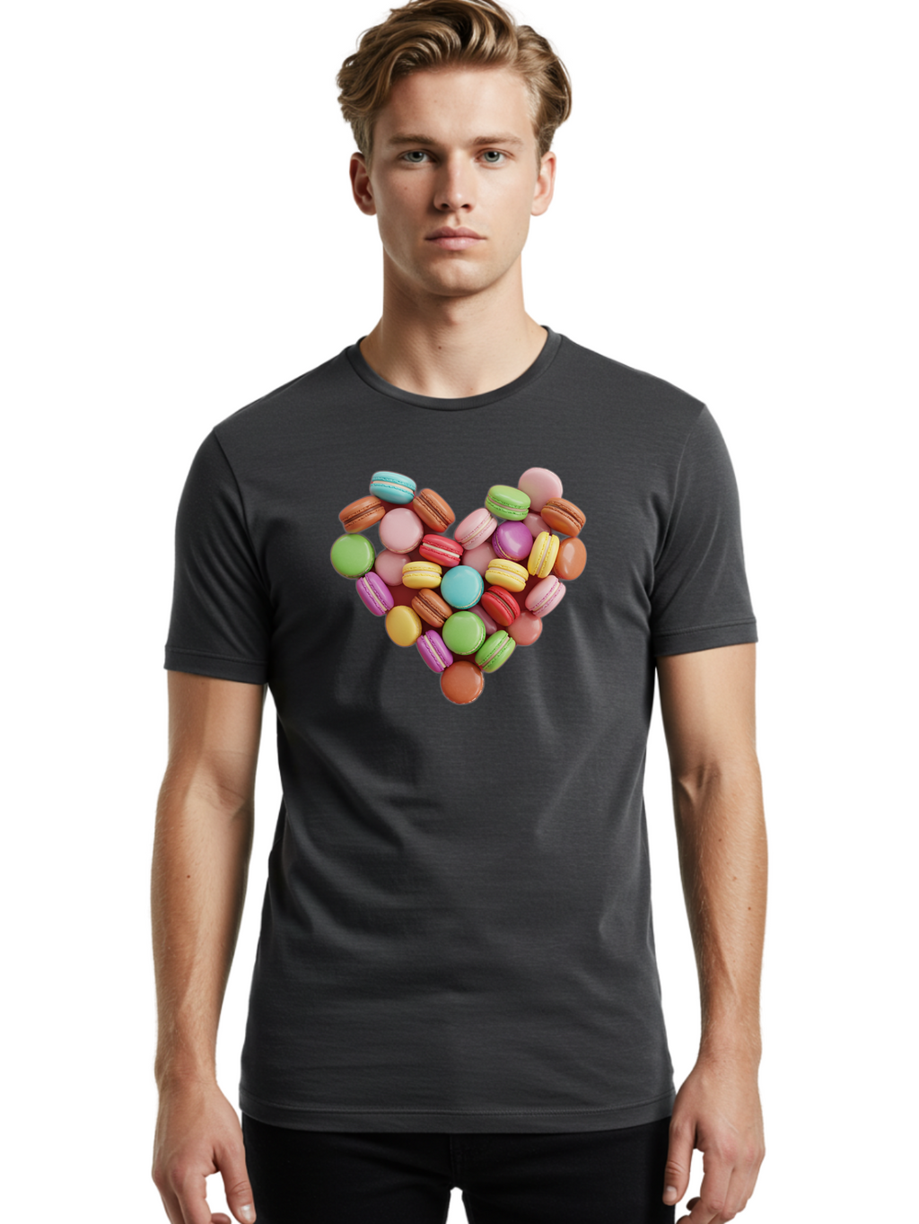 Macarons-Heart Men'S Graphic Tee, 100% Cotton, Comfortable Casual Summer Wear, Machine Washable, Pastel Colored Macarons, Heart-Shaped Arrangement, Sweet Treats, Desserts, Colorful Sweets, French Patisserie, Macaron Dessert, Vibrant Colors, Baa956