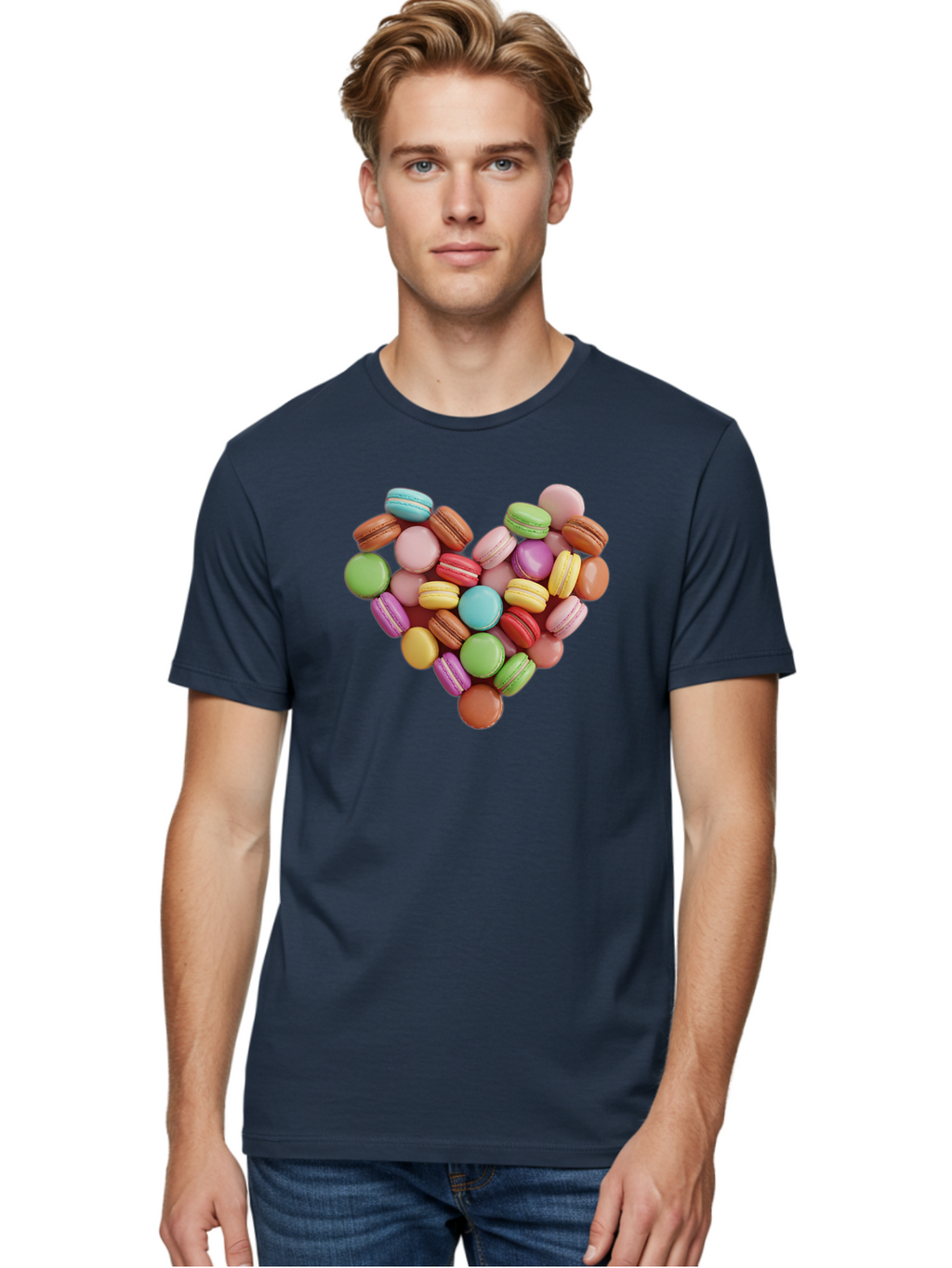 Macarons-Heart Men'S Graphic Tee, 100% Cotton, Comfortable Casual Summer Wear, Machine Washable, Pastel Colored Macarons, Heart-Shaped Arrangement, Sweet Treats, Desserts, Colorful Sweets, French Patisserie, Macaron Dessert, Vibrant Colors, Baa956