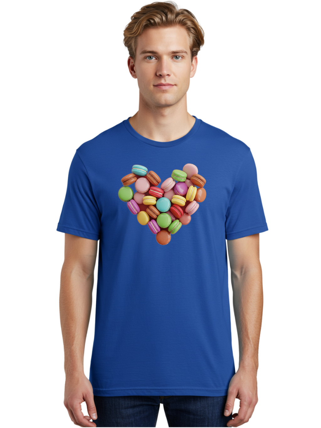 Macarons-Heart Men'S Graphic Tee, 100% Cotton, Comfortable Casual Summer Wear, Machine Washable, Pastel Colored Macarons, Heart-Shaped Arrangement, Sweet Treats, Desserts, Colorful Sweets, French Patisserie, Macaron Dessert, Vibrant Colors, Baa956