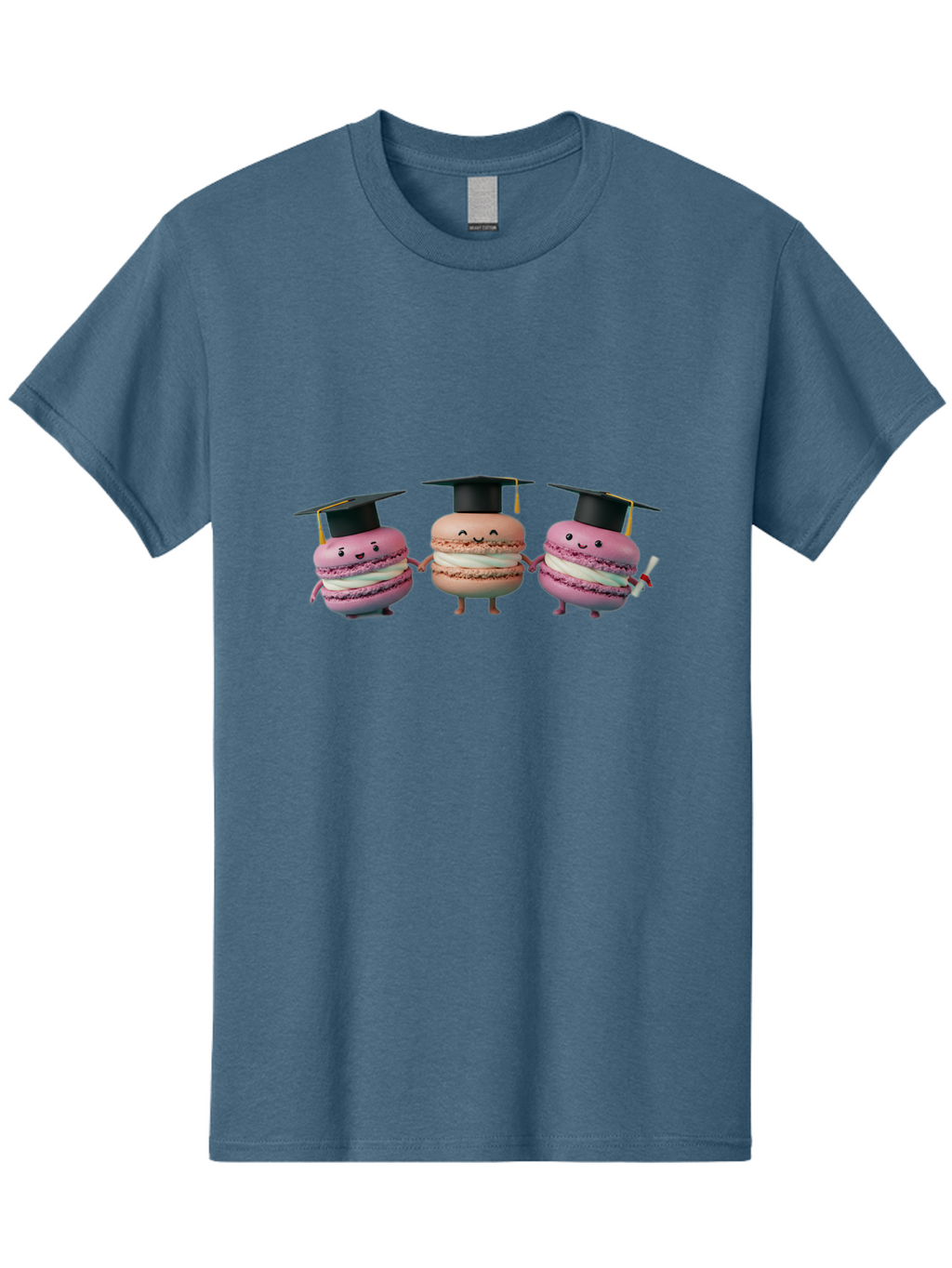 Macarons-In-Graduation-Caps Men'S Graphic Tee, 100% Cotton, Comfortable Casual Summer Wear, Machine Washable, Macarons In Graduation Caps, Cartoon Characters, Holding Hands, Smiling Faces, Diploma In Hand, Celebratory Mood, Pink Macarons, Baa957