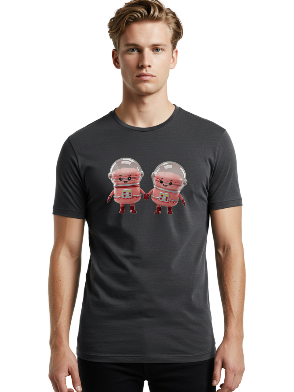 Macarons-In-Space-Helmets Men'S Graphic Tee, 100% Cotton, Comfortable Casual Summer Wear, Machine Washable, Cartoon Macarons, Space Helmets, Anthropomorphic Desserts, Pink Macarons, Space Suits, Holding Hands, Cute Robots, Sweet Treats, Baa958