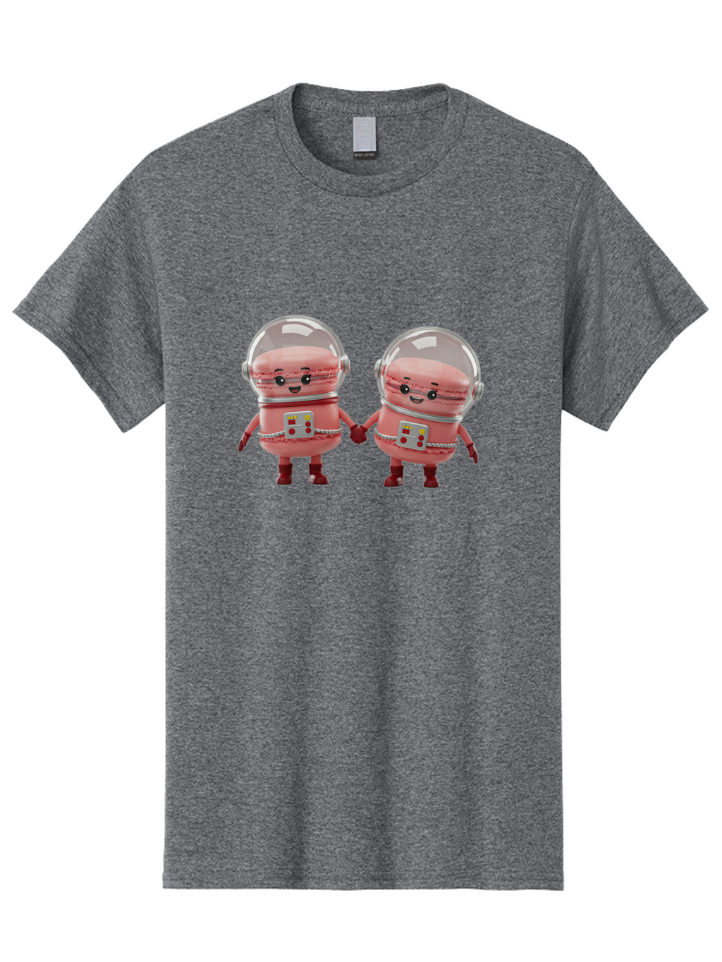 Macarons-In-Space-Helmets Men'S Graphic Tee, 100% Cotton, Comfortable Casual Summer Wear, Machine Washable, Cartoon Macarons, Space Helmets, Anthropomorphic Desserts, Pink Macarons, Space Suits, Holding Hands, Cute Robots, Sweet Treats, Baa958