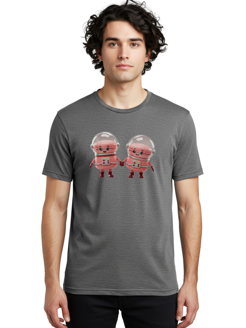 Macarons-In-Space-Helmets Men'S Graphic Tee, 100% Cotton, Comfortable Casual Summer Wear, Machine Washable, Cartoon Macarons, Space Helmets, Anthropomorphic Desserts, Pink Macarons, Space Suits, Holding Hands, Cute Robots, Sweet Treats, Baa958