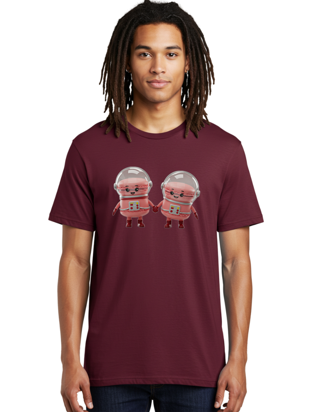 Macarons-In-Space-Helmets Men'S Graphic Tee, 100% Cotton, Comfortable Casual Summer Wear, Machine Washable, Cartoon Macarons, Space Helmets, Anthropomorphic Desserts, Pink Macarons, Space Suits, Holding Hands, Cute Robots, Sweet Treats, Baa958