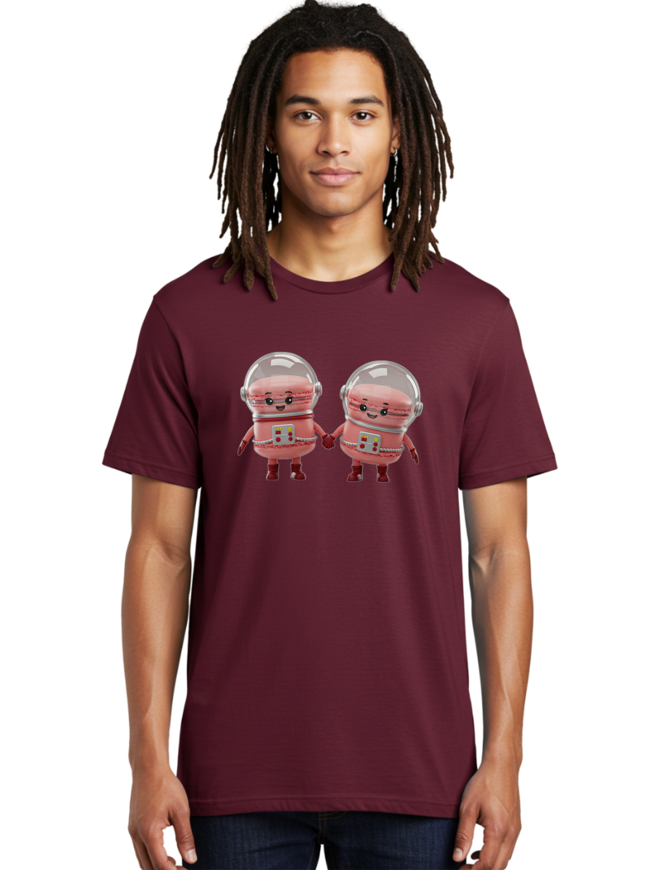 Macarons-In-Space-Helmets Men'S Graphic Tee, 100% Cotton, Comfortable Casual Summer Wear, Machine Washable, Cartoon Macarons, Space Helmets, Anthropomorphic Desserts, Pink Macarons, Space Suits, Holding Hands, Cute Robots, Sweet Treats, Baa958