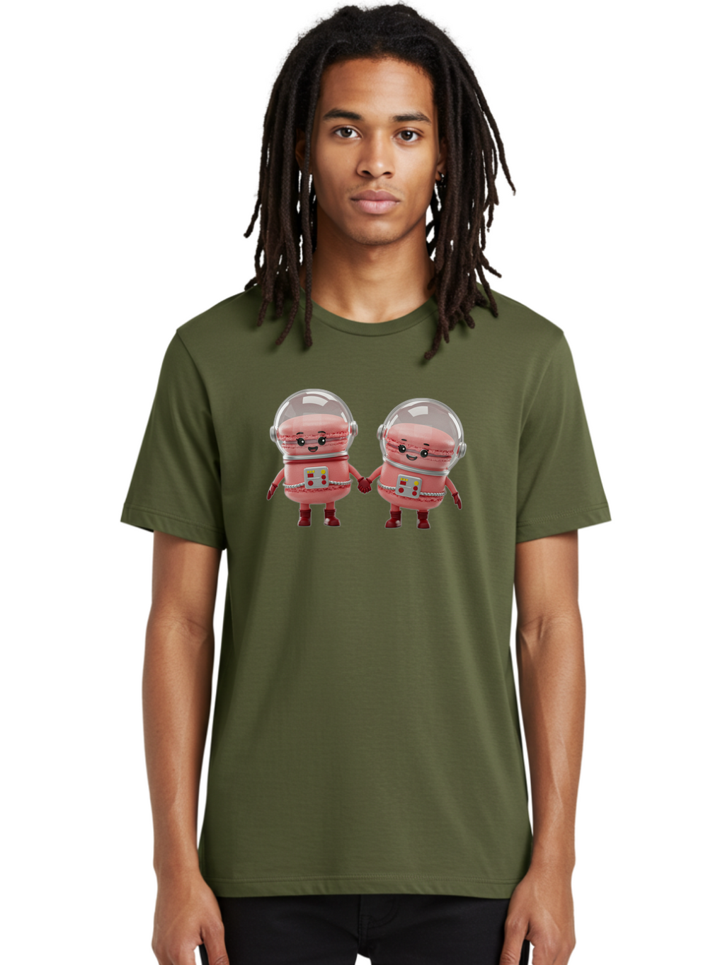 Macarons-In-Space-Helmets Men'S Graphic Tee, 100% Cotton, Comfortable Casual Summer Wear, Machine Washable, Cartoon Macarons, Space Helmets, Anthropomorphic Desserts, Pink Macarons, Space Suits, Holding Hands, Cute Robots, Sweet Treats, Baa958