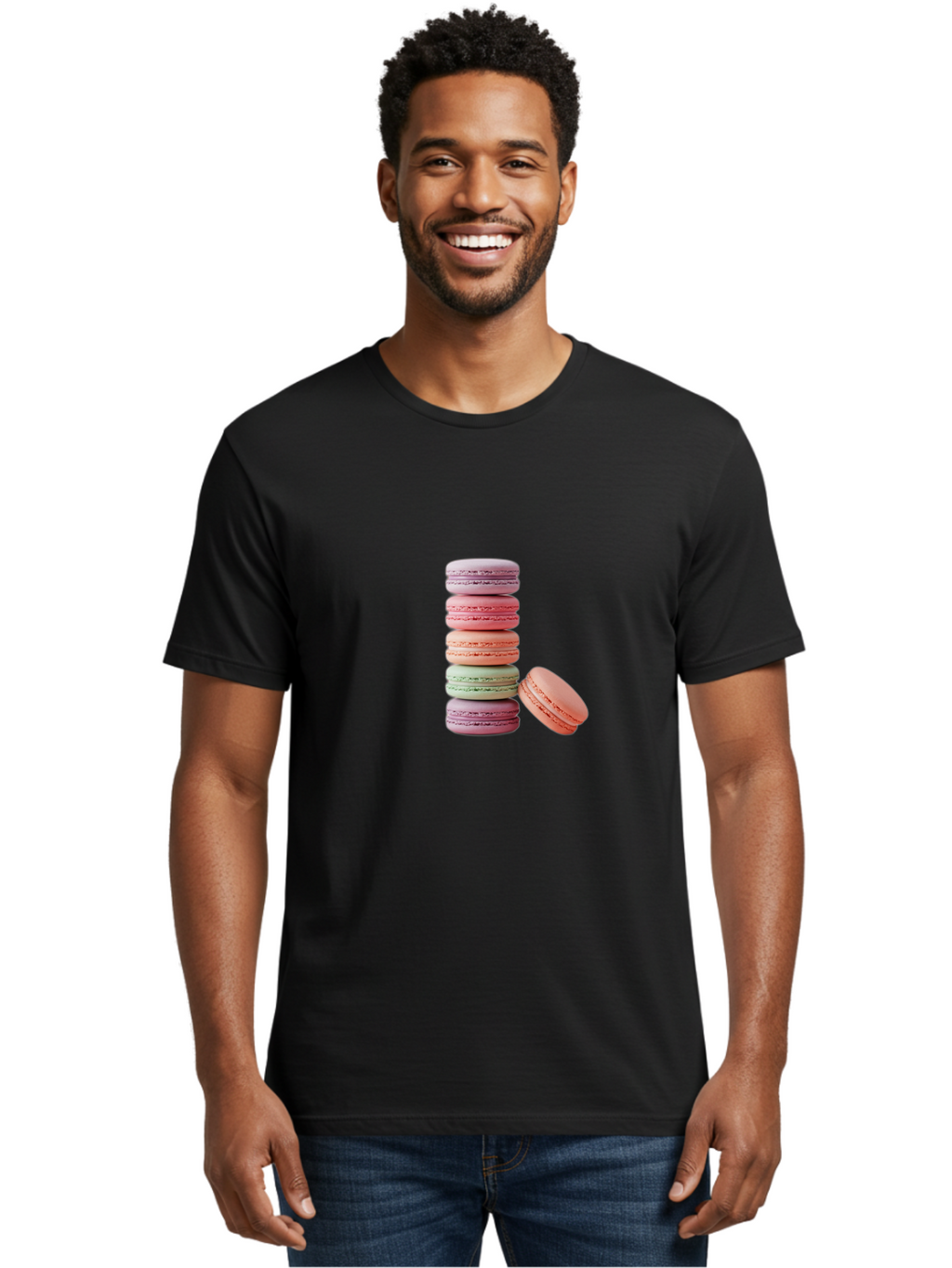 Macarons-Stack Men'S Graphic Tee, 100% Cotton, Comfortable Casual Summer Wear, Machine Washable, Colorful Macarons, Stacked Macarons, Pastel Colors, Sweet Treats, French Desserts, Delicate Cookies, Vibrant Hues, Layered Macarons Baa959