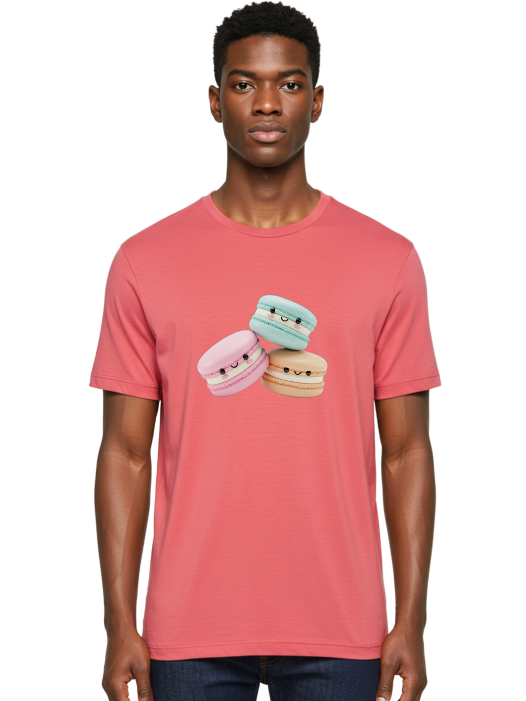 Macarons-With-Faces Men'S Graphic Tee, 100% Cotton, Comfortable Casual Summer Wear, Machine Washable, Pink Macaron, Blue Macaron, Peach Macaron, Cute Desserts, Colorful Treats, Plush Macarons, Sweet Pastries, Adorable Faces, Smiling Macarons, Baa960