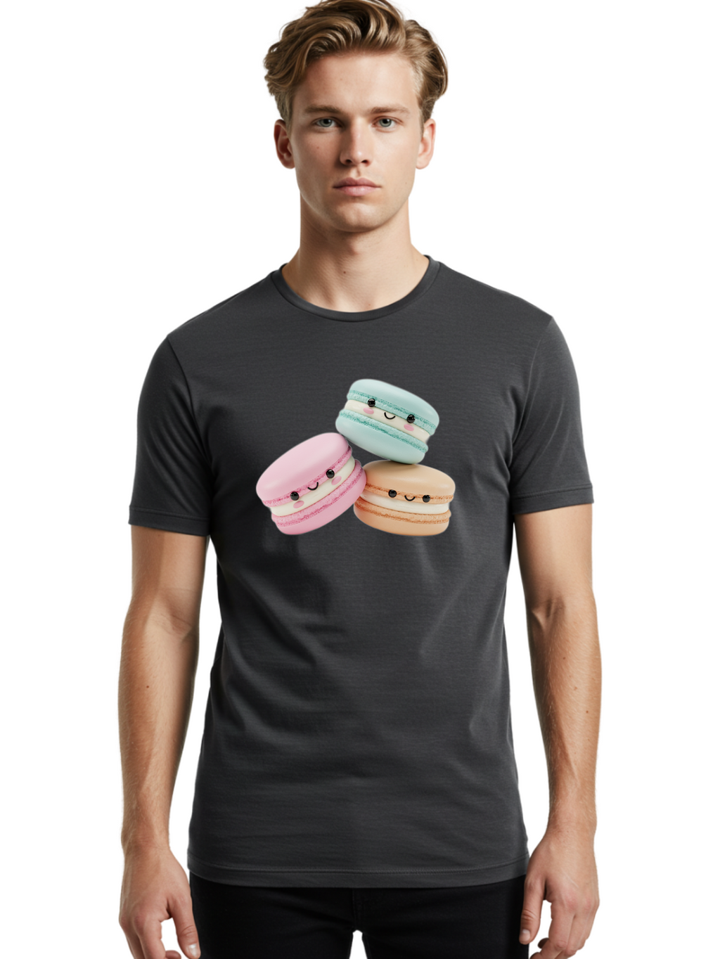 Macarons-With-Faces Men'S Graphic Tee, 100% Cotton, Comfortable Casual Summer Wear, Machine Washable, Pink Macaron, Blue Macaron, Peach Macaron, Cute Desserts, Colorful Treats, Plush Macarons, Sweet Pastries, Adorable Faces, Smiling Macarons, Baa960