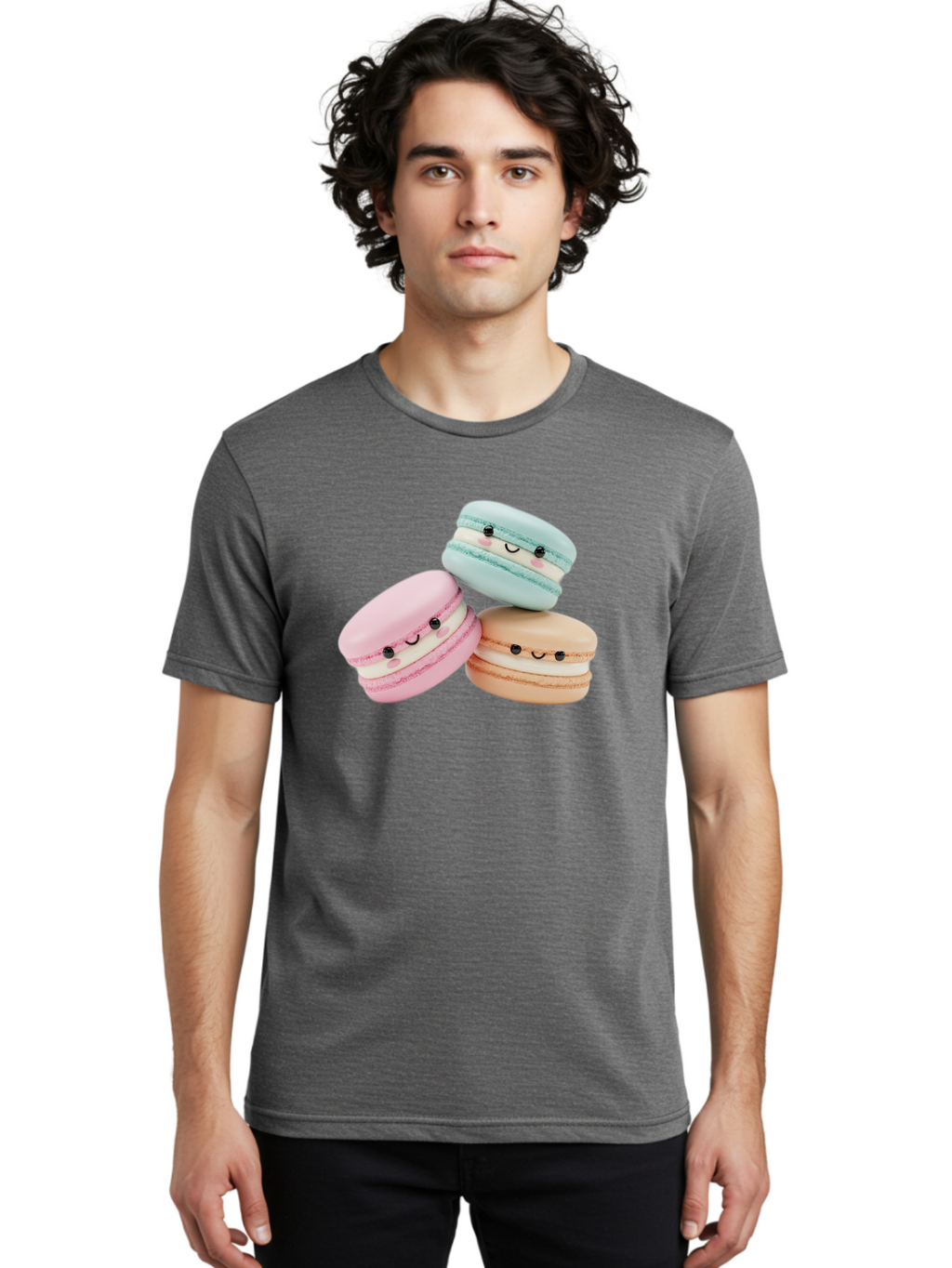 Macarons-With-Faces Men'S Graphic Tee, 100% Cotton, Comfortable Casual Summer Wear, Machine Washable, Pink Macaron, Blue Macaron, Peach Macaron, Cute Desserts, Colorful Treats, Plush Macarons, Sweet Pastries, Adorable Faces, Smiling Macarons, Baa960