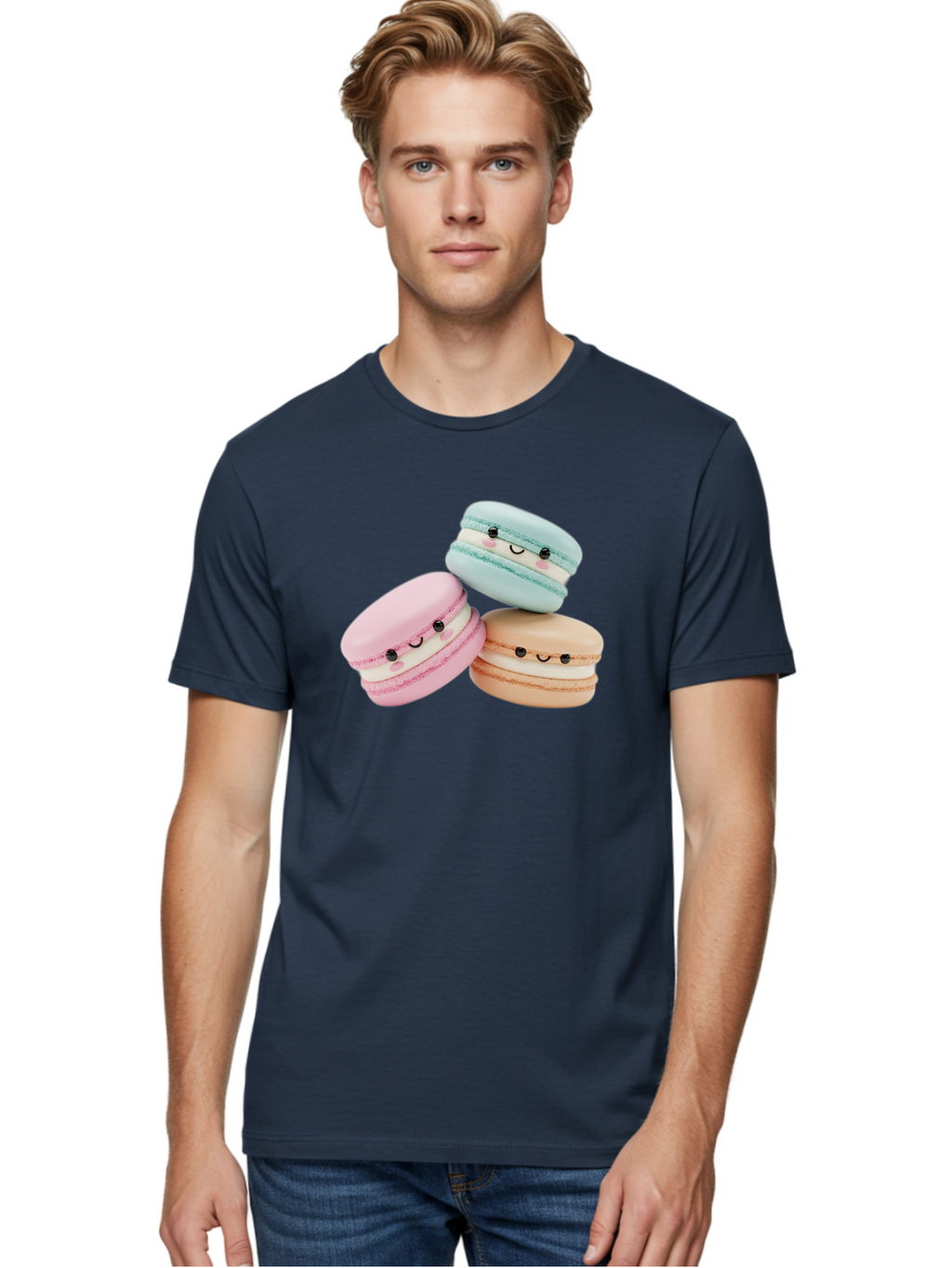 Macarons-With-Faces Men'S Graphic Tee, 100% Cotton, Comfortable Casual Summer Wear, Machine Washable, Pink Macaron, Blue Macaron, Peach Macaron, Cute Desserts, Colorful Treats, Plush Macarons, Sweet Pastries, Adorable Faces, Smiling Macarons, Baa960