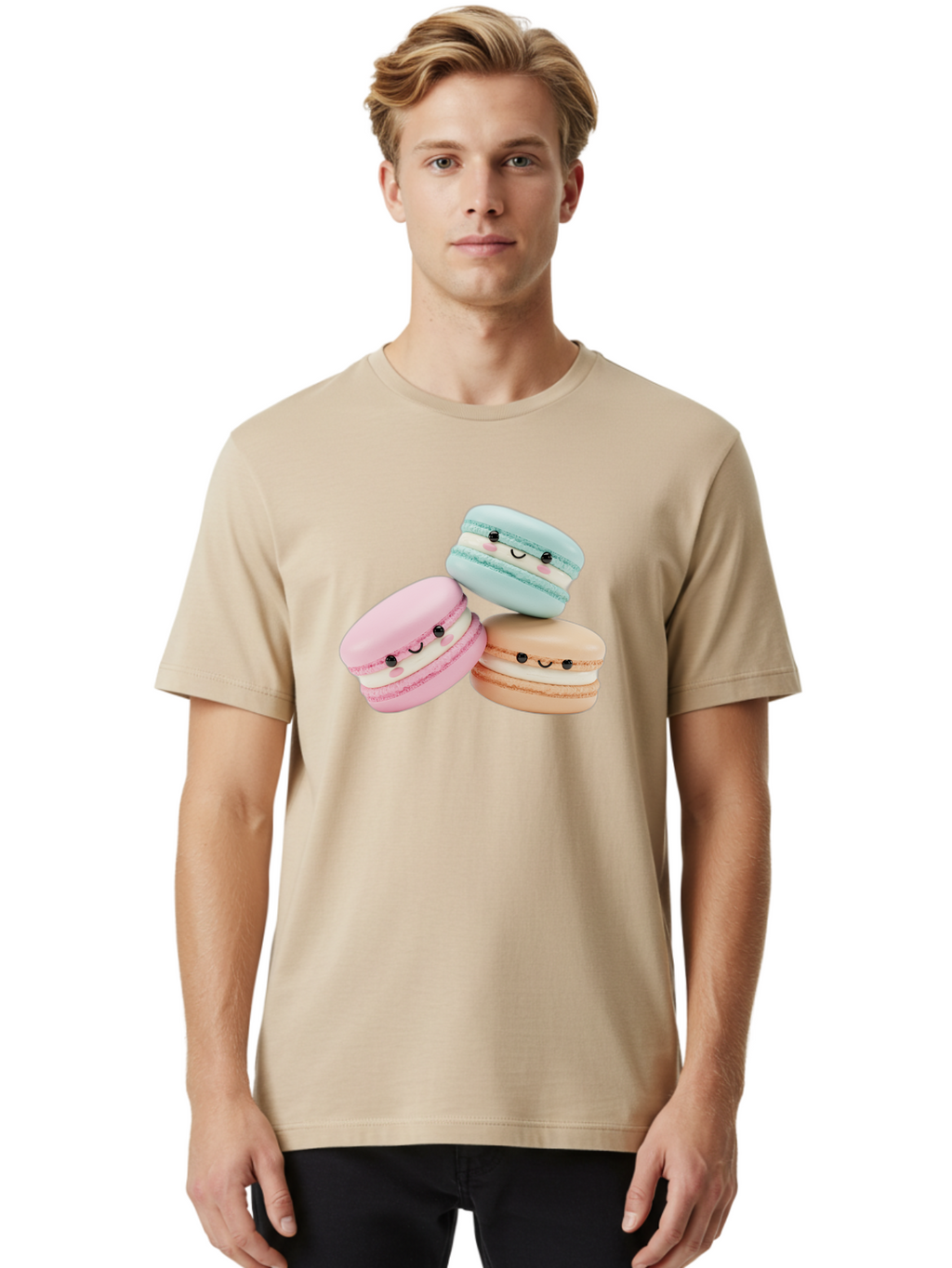 Macarons-With-Faces Men'S Graphic Tee, 100% Cotton, Comfortable Casual Summer Wear, Machine Washable, Pink Macaron, Blue Macaron, Peach Macaron, Cute Desserts, Colorful Treats, Plush Macarons, Sweet Pastries, Adorable Faces, Smiling Macarons, Baa960