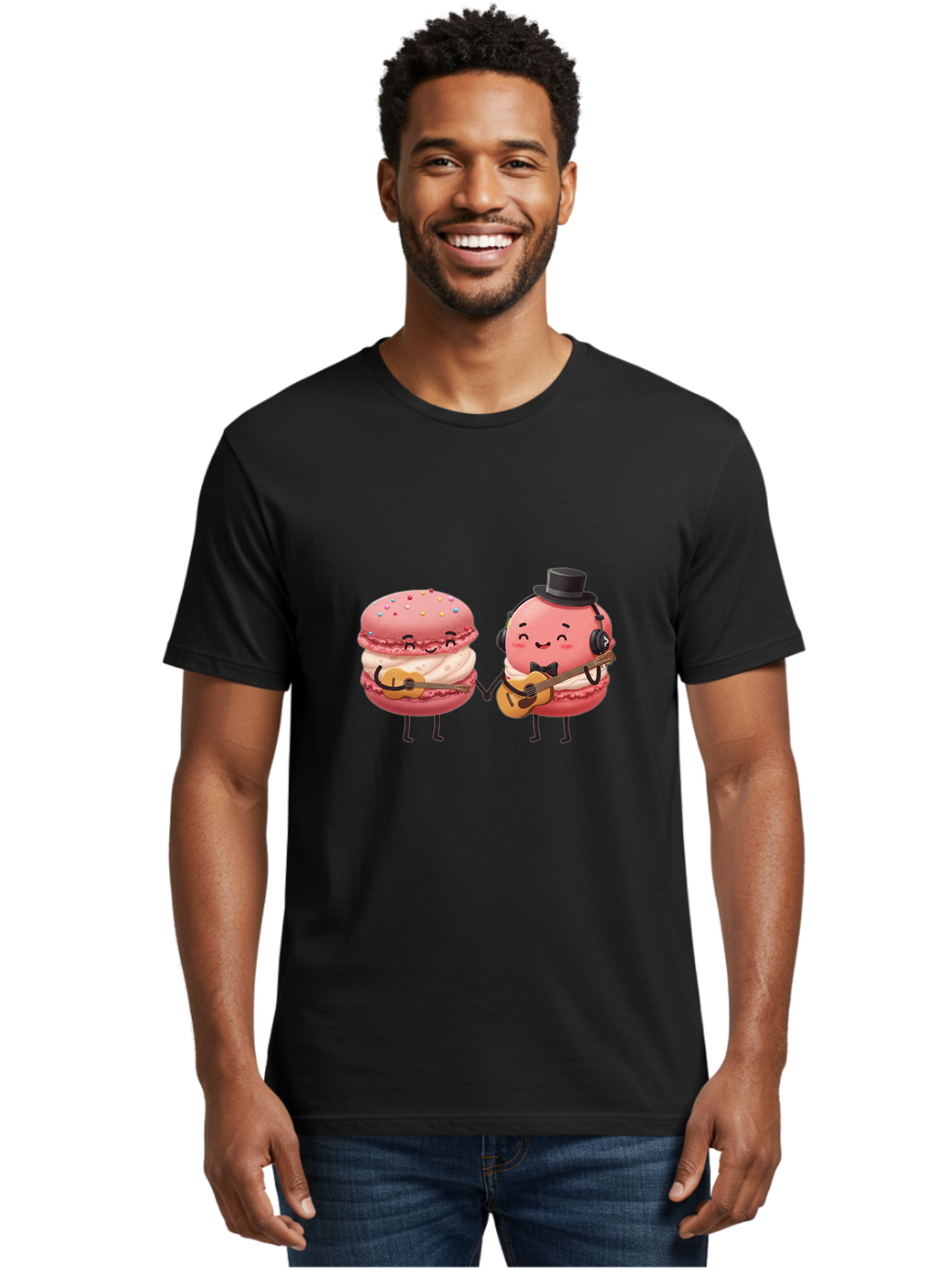 Macarons-With-Instruments Men'S Graphic Tee, 100% Cotton, Comfortable Casual Summer Wear, Machine Washable, Cartoon Macarons, Pink Macarons With Guitars, Cute Desserts, Musical Treats, Whimsical Illustration, Sweet Duo, Colorful Sprinkles, Baa961