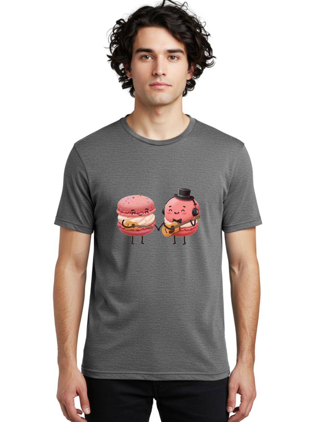 Macarons-With-Instruments Men'S Graphic Tee, 100% Cotton, Comfortable Casual Summer Wear, Machine Washable, Cartoon Macarons, Pink Macarons With Guitars, Cute Desserts, Musical Treats, Whimsical Illustration, Sweet Duo, Colorful Sprinkles, Baa961