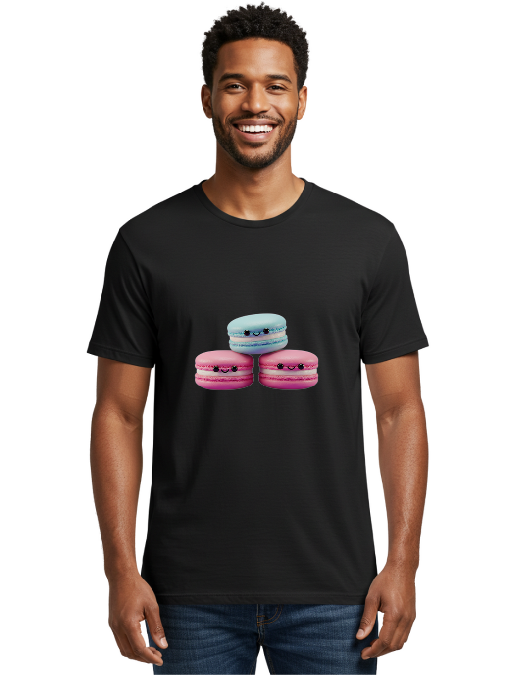 Macarons Men'S Graphic Tee, 100% Cotton, Comfortable Casual Summer Wear, Machine Washable, Macarons, French Dessert, Sweet Treats, Pink And Blue Colors, Cute Faces, Smile Faces, Black Eyes, Food Art, Bakery Delights, Dessert Lovers Baa962