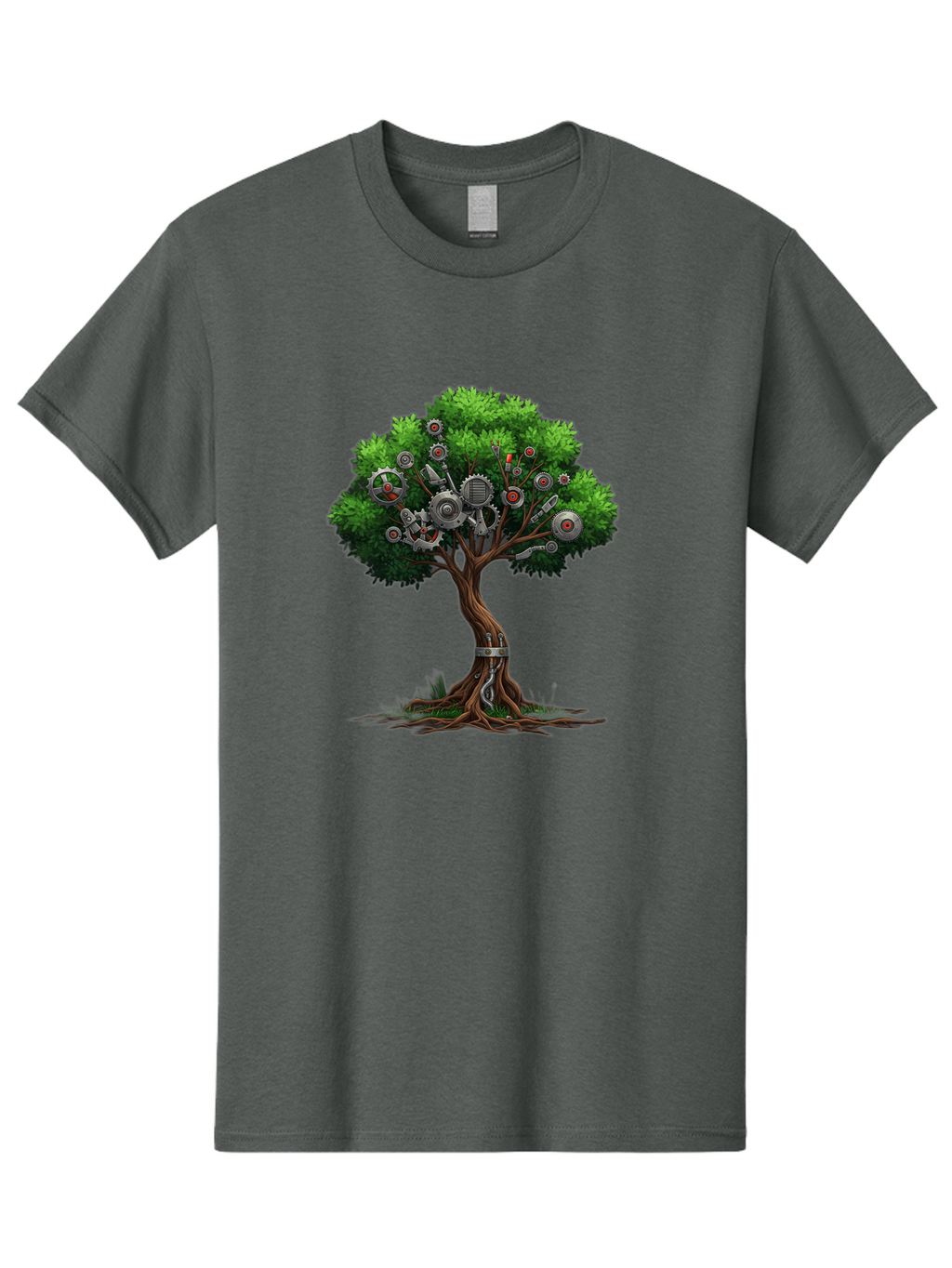 Machine-Tree Men'S Graphic Tee, 100% Cotton, Comfortable Casual Summer Wear, Machine Washable, Tree With Mechanical Parts, Gears And Machinery, Futuristic Design, Industrial Elements, Natural Meets Technology, Eco-Friendly Innovation, Baa963