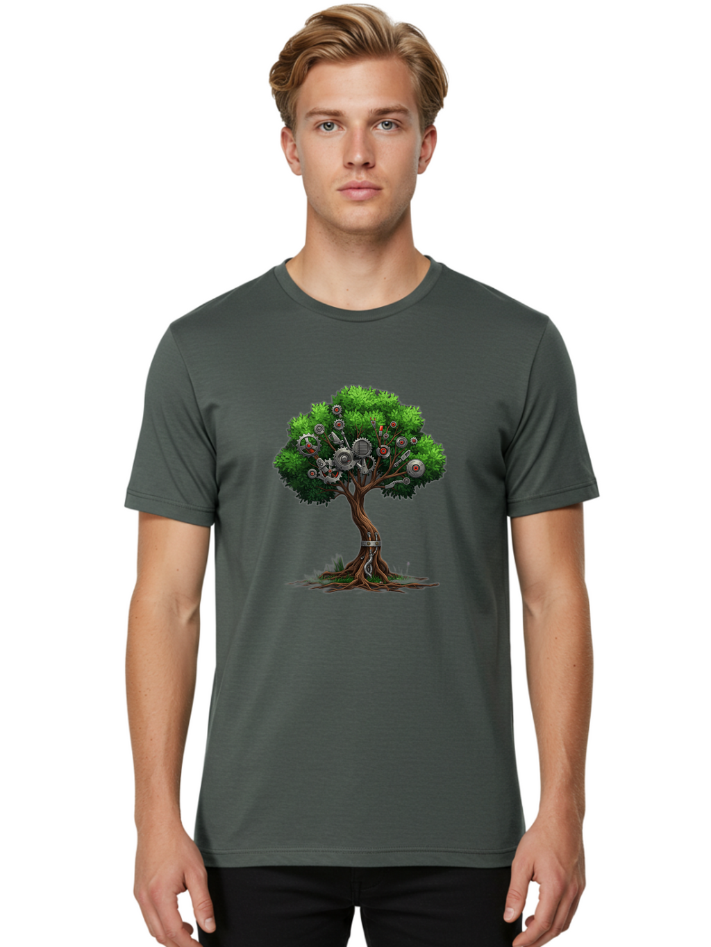 Machine-Tree Men'S Graphic Tee, 100% Cotton, Comfortable Casual Summer Wear, Machine Washable, Tree With Mechanical Parts, Gears And Machinery, Futuristic Design, Industrial Elements, Natural Meets Technology, Eco-Friendly Innovation, Baa963