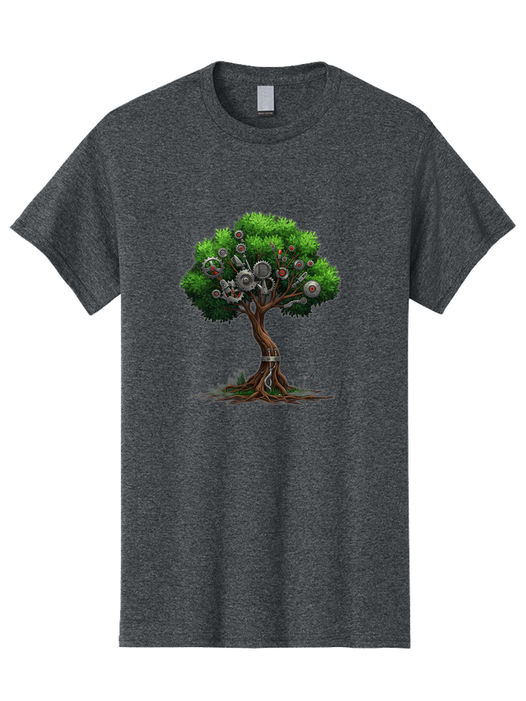 Machine-Tree Men'S Graphic Tee, 100% Cotton, Comfortable Casual Summer Wear, Machine Washable, Tree With Mechanical Parts, Gears And Machinery, Futuristic Design, Industrial Elements, Natural Meets Technology, Eco-Friendly Innovation, Baa963