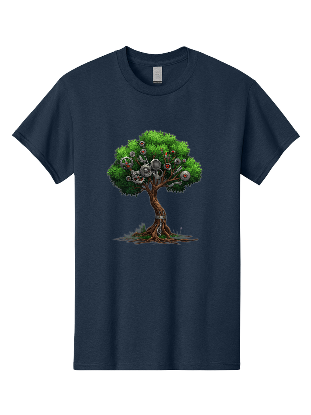 Machine-Tree Men'S Graphic Tee, 100% Cotton, Comfortable Casual Summer Wear, Machine Washable, Tree With Mechanical Parts, Gears And Machinery, Futuristic Design, Industrial Elements, Natural Meets Technology, Eco-Friendly Innovation, Baa963