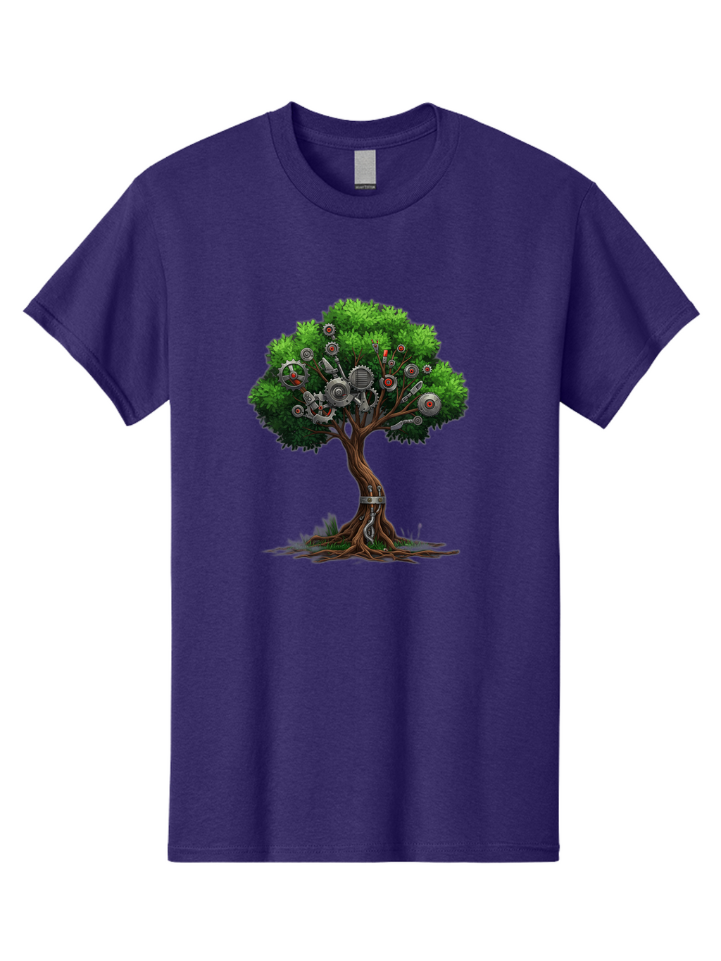 Machine-Tree Men'S Graphic Tee, 100% Cotton, Comfortable Casual Summer Wear, Machine Washable, Tree With Mechanical Parts, Gears And Machinery, Futuristic Design, Industrial Elements, Natural Meets Technology, Eco-Friendly Innovation, Baa963