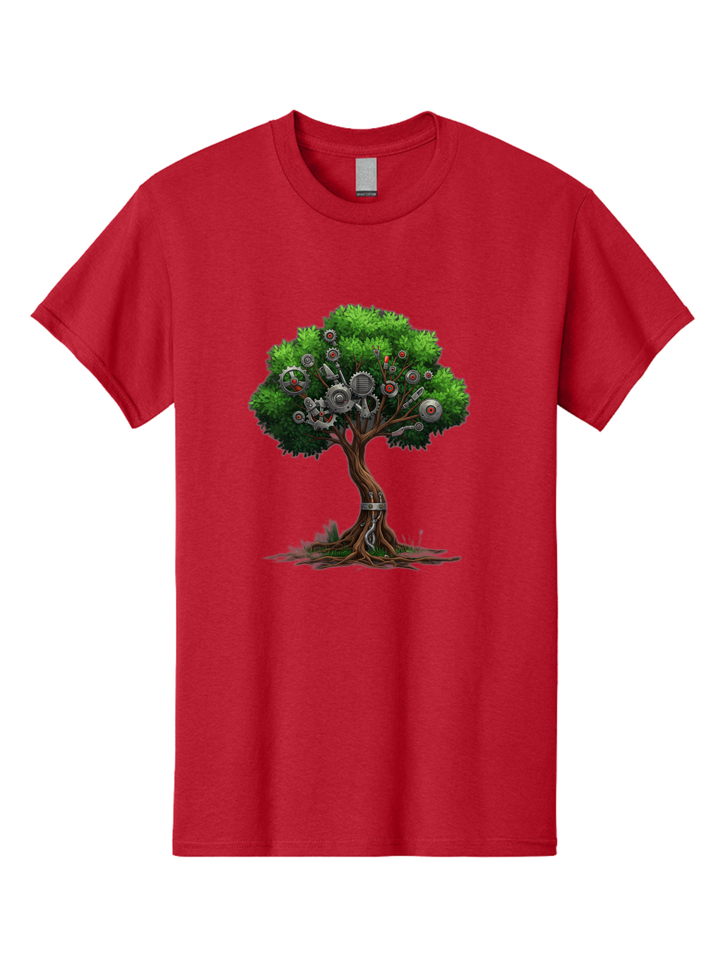 Machine-Tree Men'S Graphic Tee, 100% Cotton, Comfortable Casual Summer Wear, Machine Washable, Tree With Mechanical Parts, Gears And Machinery, Futuristic Design, Industrial Elements, Natural Meets Technology, Eco-Friendly Innovation, Baa963