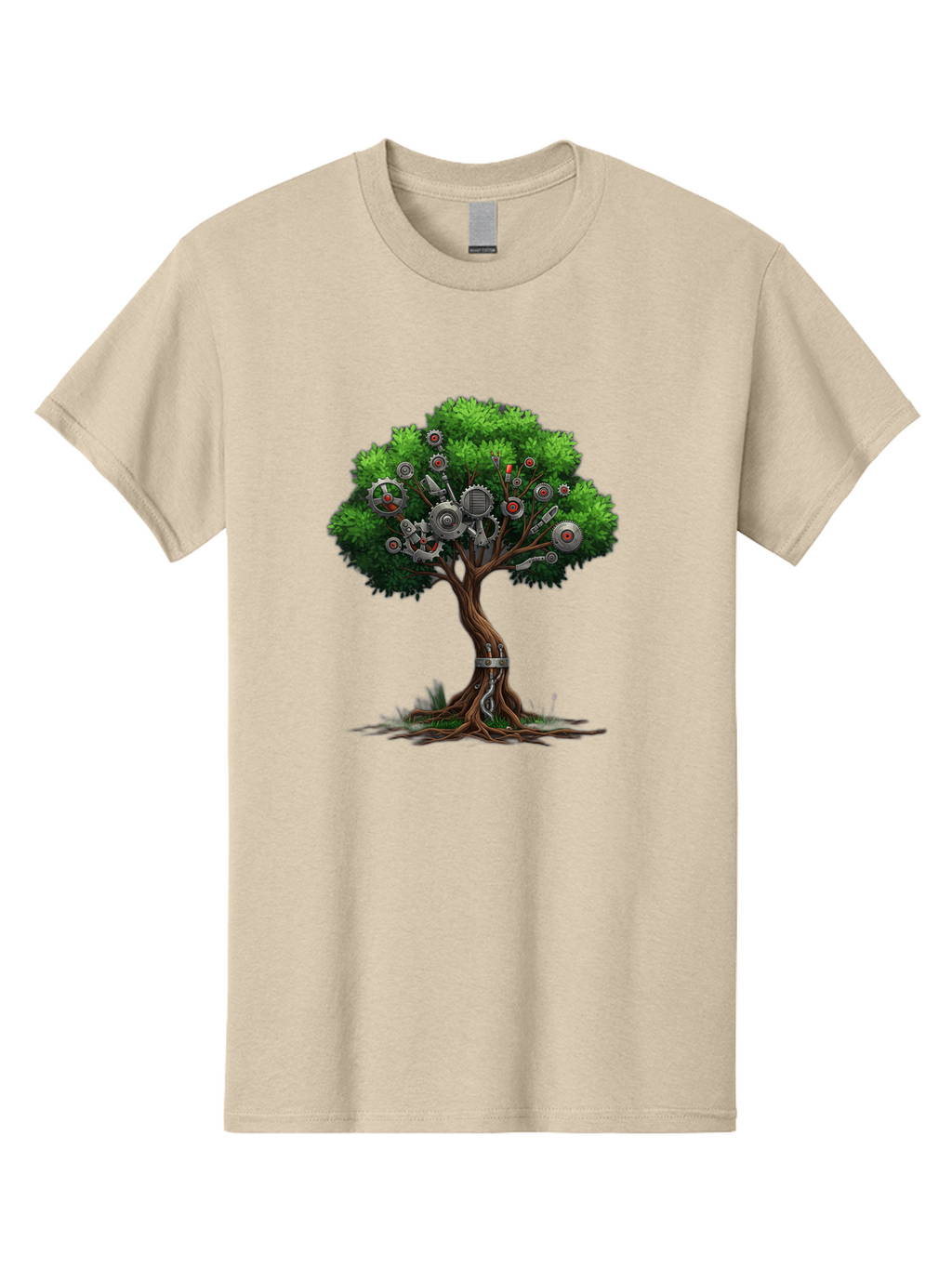Machine-Tree Men'S Graphic Tee, 100% Cotton, Comfortable Casual Summer Wear, Machine Washable, Tree With Mechanical Parts, Gears And Machinery, Futuristic Design, Industrial Elements, Natural Meets Technology, Eco-Friendly Innovation, Baa963