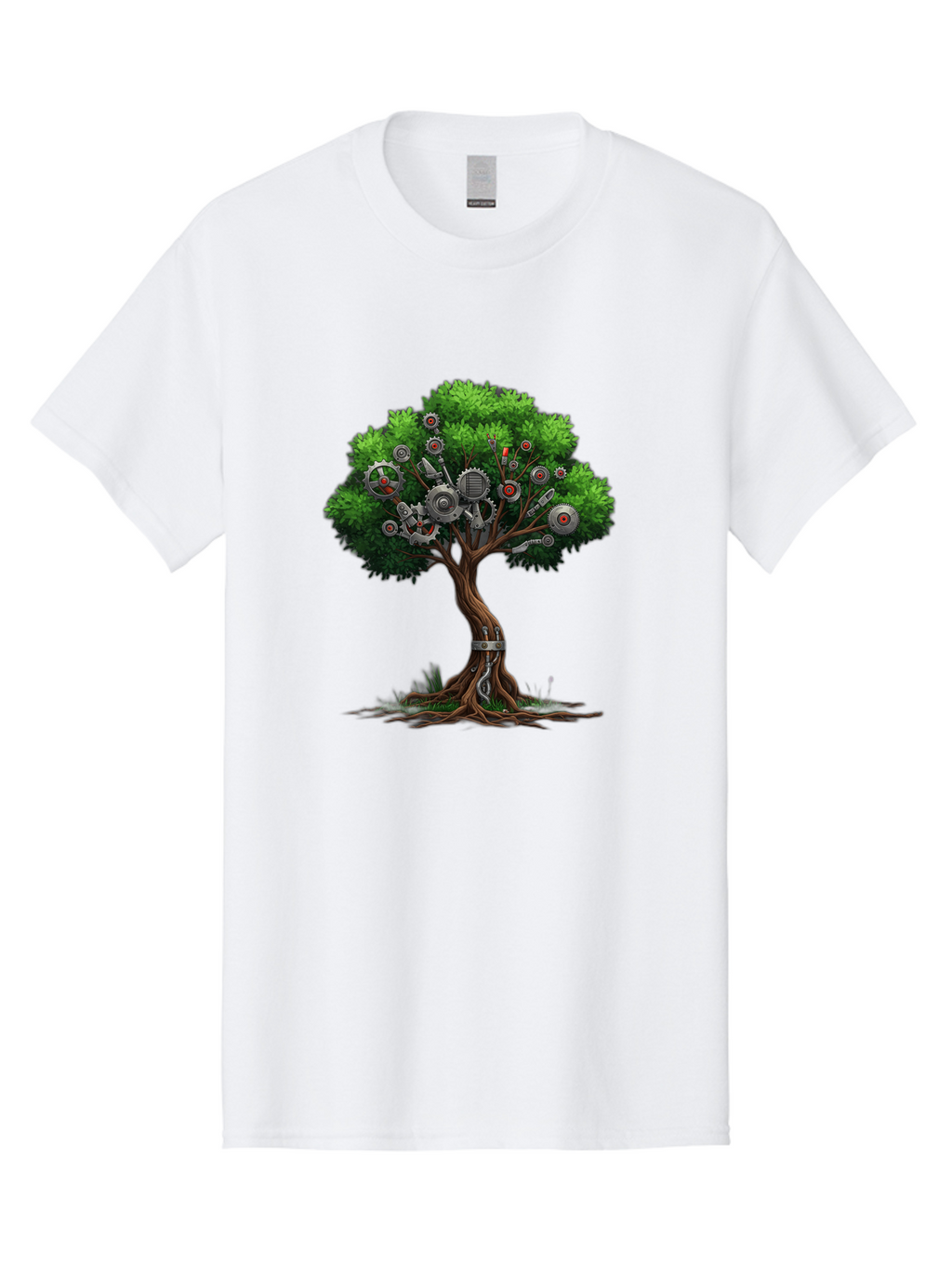 Machine-Tree Men'S Graphic Tee, 100% Cotton, Comfortable Casual Summer Wear, Machine Washable, Tree With Mechanical Parts, Gears And Machinery, Futuristic Design, Industrial Elements, Natural Meets Technology, Eco-Friendly Innovation, Baa963