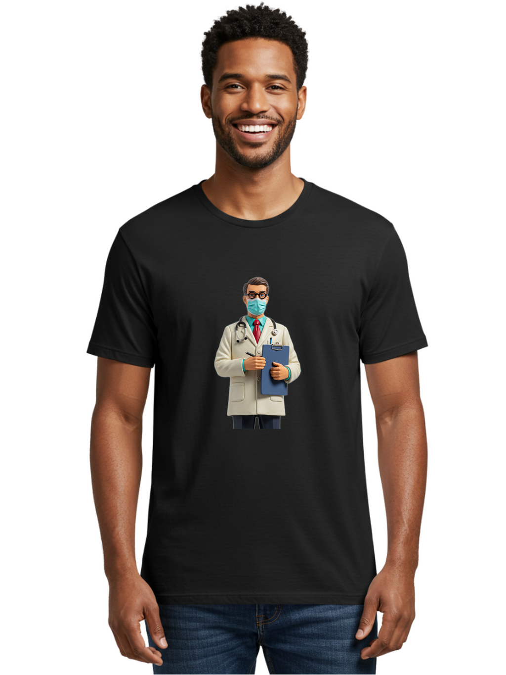 Male-Doctor-1 Men'S Graphic Tee, 100% Cotton, Comfortable Casual Summer Wear, Machine Washable, Doctor With Clipboard, Medical Professional, Healthcare Worker, Stethoscope Around Neck, Wearing Face Mask, Writing On Clipboard, Medical Attire Baa964