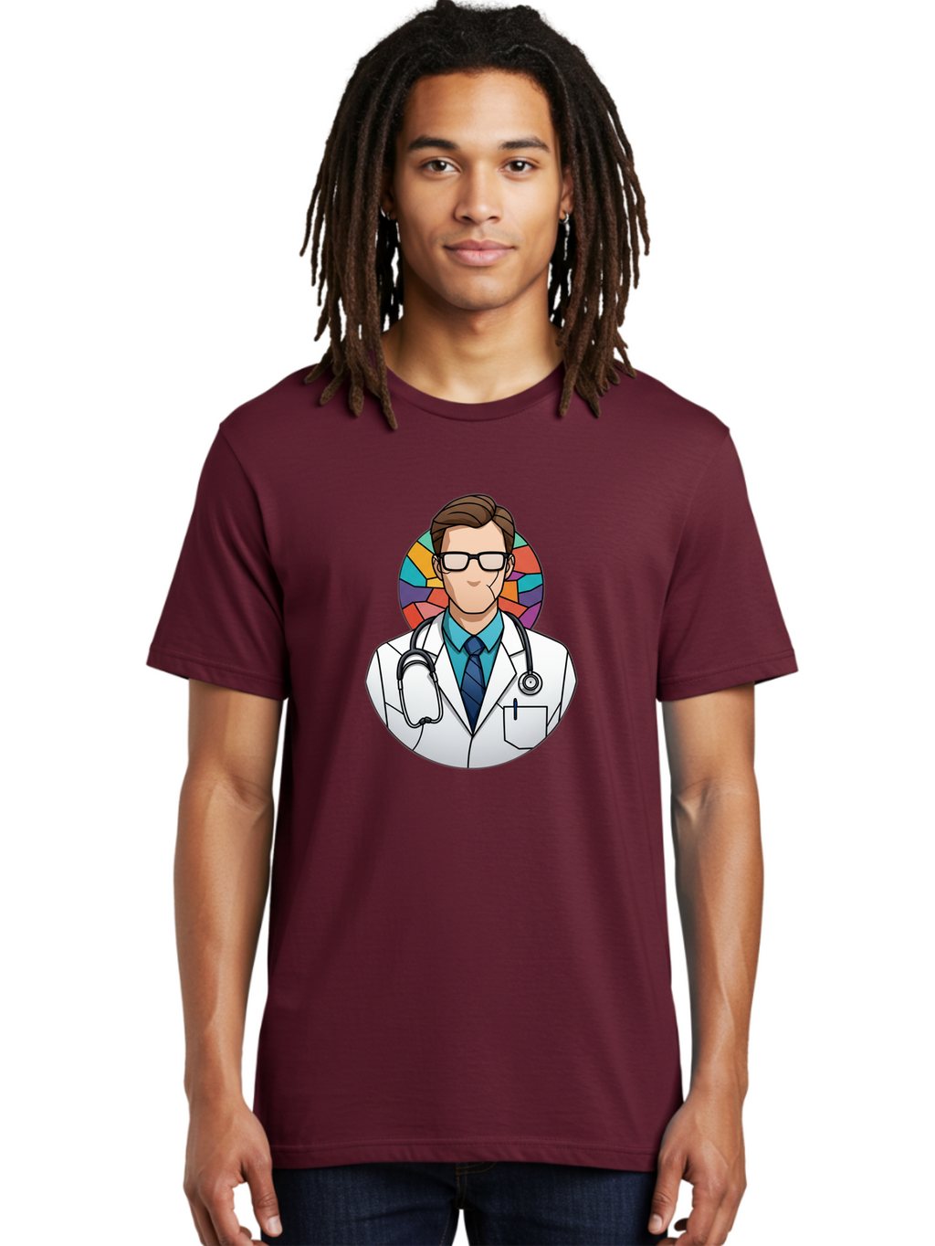Male-Doctor Men'S Graphic Tee, 100% Cotton, Comfortable Casual Summer Wear, Machine Washable, Cartoon Doctor, Medical Professional, White Coat, Stethoscope, Blue Shirt, Tie, Glasses, Brown Hair, Multicolored Circle Baa965