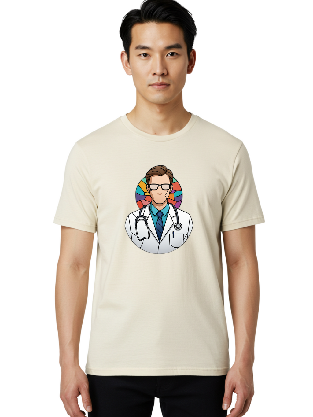 Male-Doctor Men'S Graphic Tee, 100% Cotton, Comfortable Casual Summer Wear, Machine Washable, Cartoon Doctor, Medical Professional, White Coat, Stethoscope, Blue Shirt, Tie, Glasses, Brown Hair, Multicolored Circle Baa965