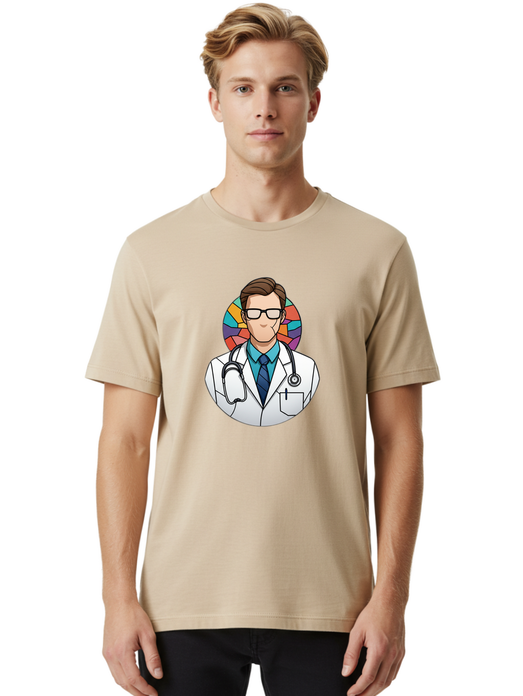 Male-Doctor Men'S Graphic Tee, 100% Cotton, Comfortable Casual Summer Wear, Machine Washable, Cartoon Doctor, Medical Professional, White Coat, Stethoscope, Blue Shirt, Tie, Glasses, Brown Hair, Multicolored Circle Baa965