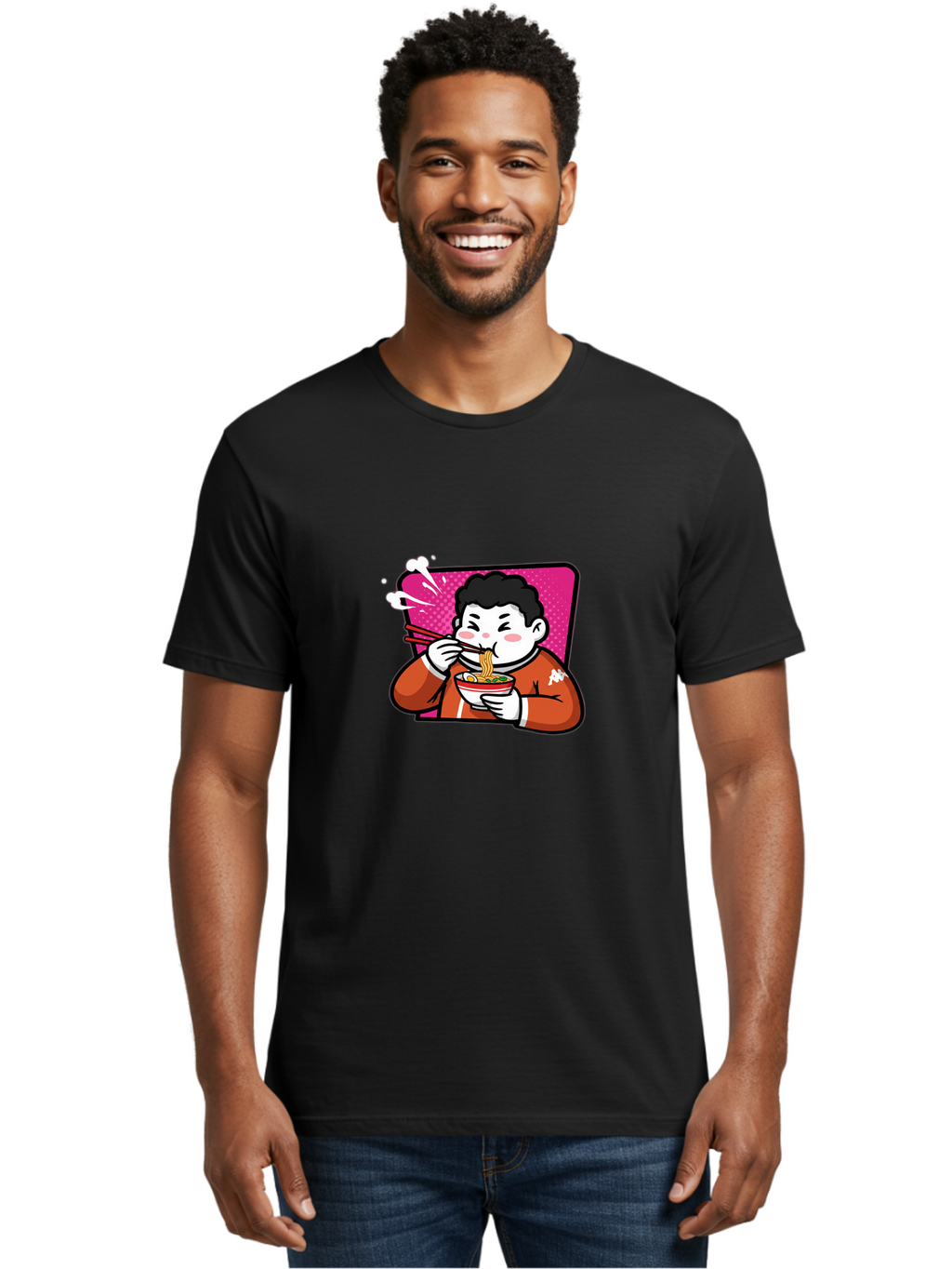 Man-Eating-Ramen Men'S Graphic Tee, 100% Cotton, Comfortable Casual Summer Wear, Machine Washable, Cartoon Boy Eating Ramen, Steaming Hot Noodles, Chopsticks In Action, Kawaii Character, Anime Style, Foodie Culture, Asian Cuisine, Baa966