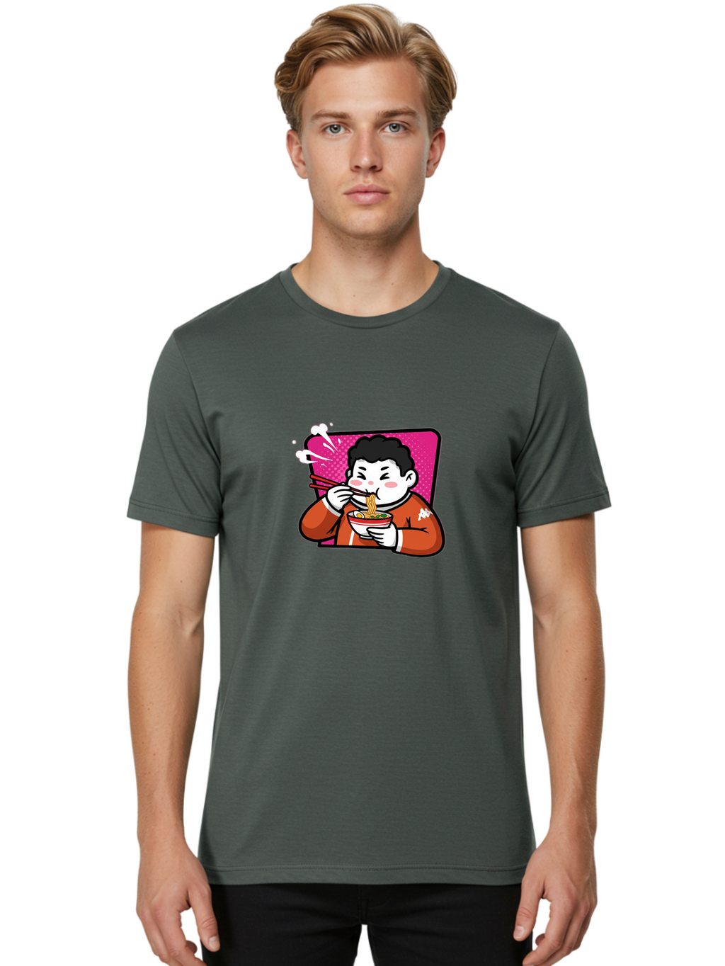 Man-Eating-Ramen Men'S Graphic Tee, 100% Cotton, Comfortable Casual Summer Wear, Machine Washable, Cartoon Boy Eating Ramen, Steaming Hot Noodles, Chopsticks In Action, Kawaii Character, Anime Style, Foodie Culture, Asian Cuisine, Baa966