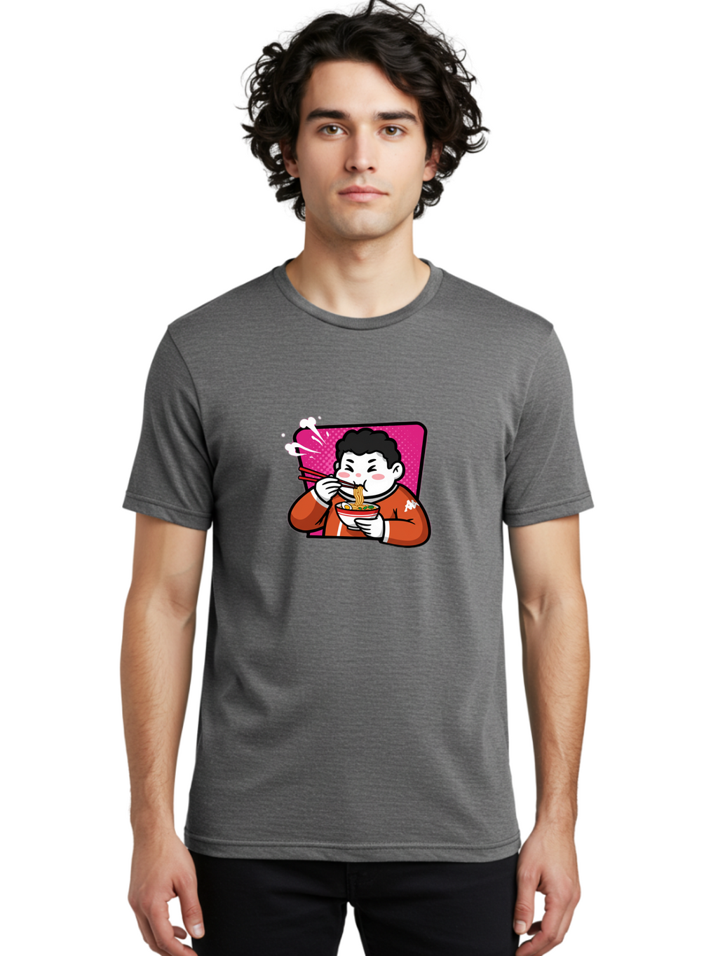 Man-Eating-Ramen Men'S Graphic Tee, 100% Cotton, Comfortable Casual Summer Wear, Machine Washable, Cartoon Boy Eating Ramen, Steaming Hot Noodles, Chopsticks In Action, Kawaii Character, Anime Style, Foodie Culture, Asian Cuisine, Baa966