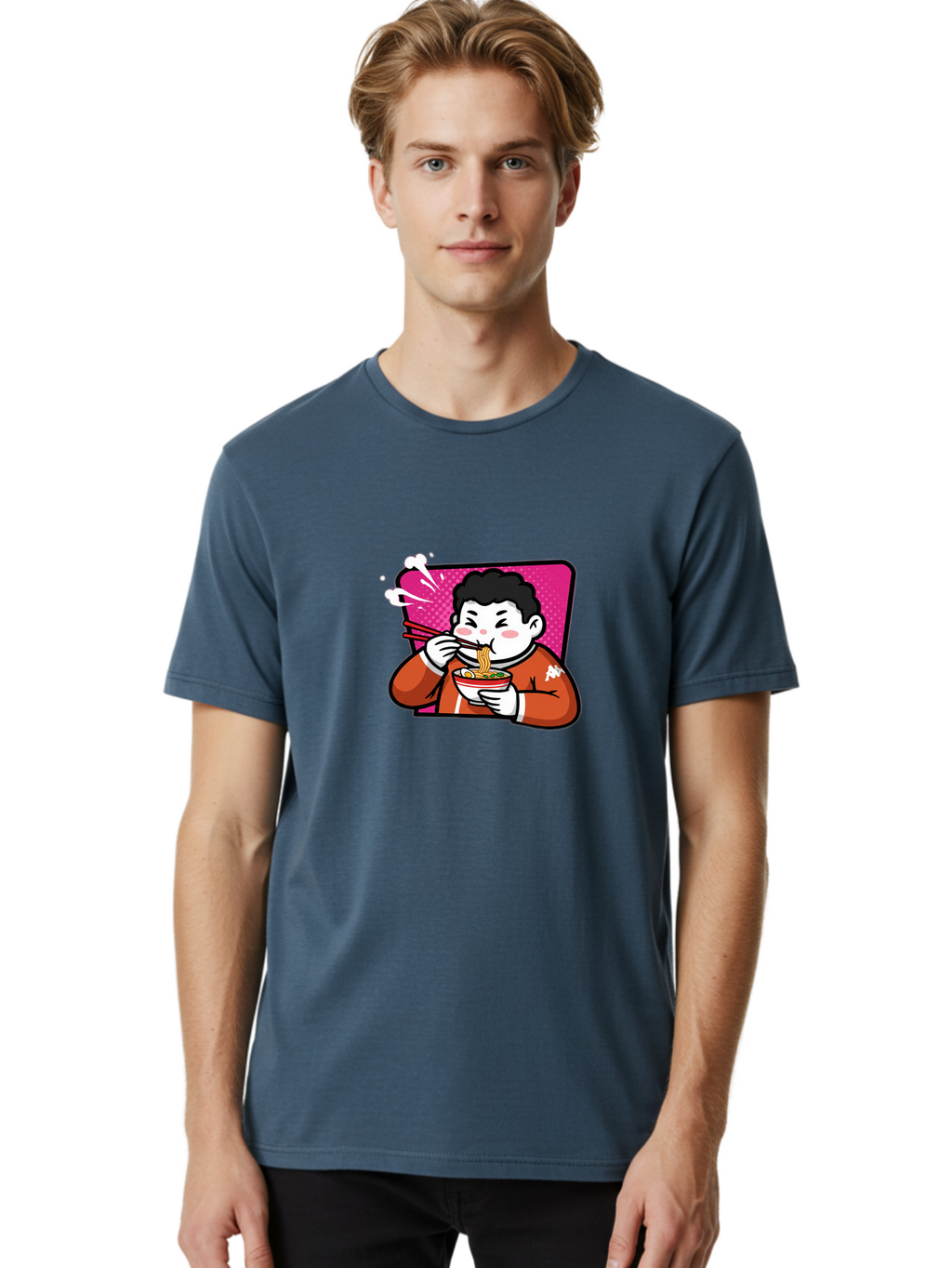 Man-Eating-Ramen Men'S Graphic Tee, 100% Cotton, Comfortable Casual Summer Wear, Machine Washable, Cartoon Boy Eating Ramen, Steaming Hot Noodles, Chopsticks In Action, Kawaii Character, Anime Style, Foodie Culture, Asian Cuisine, Baa966