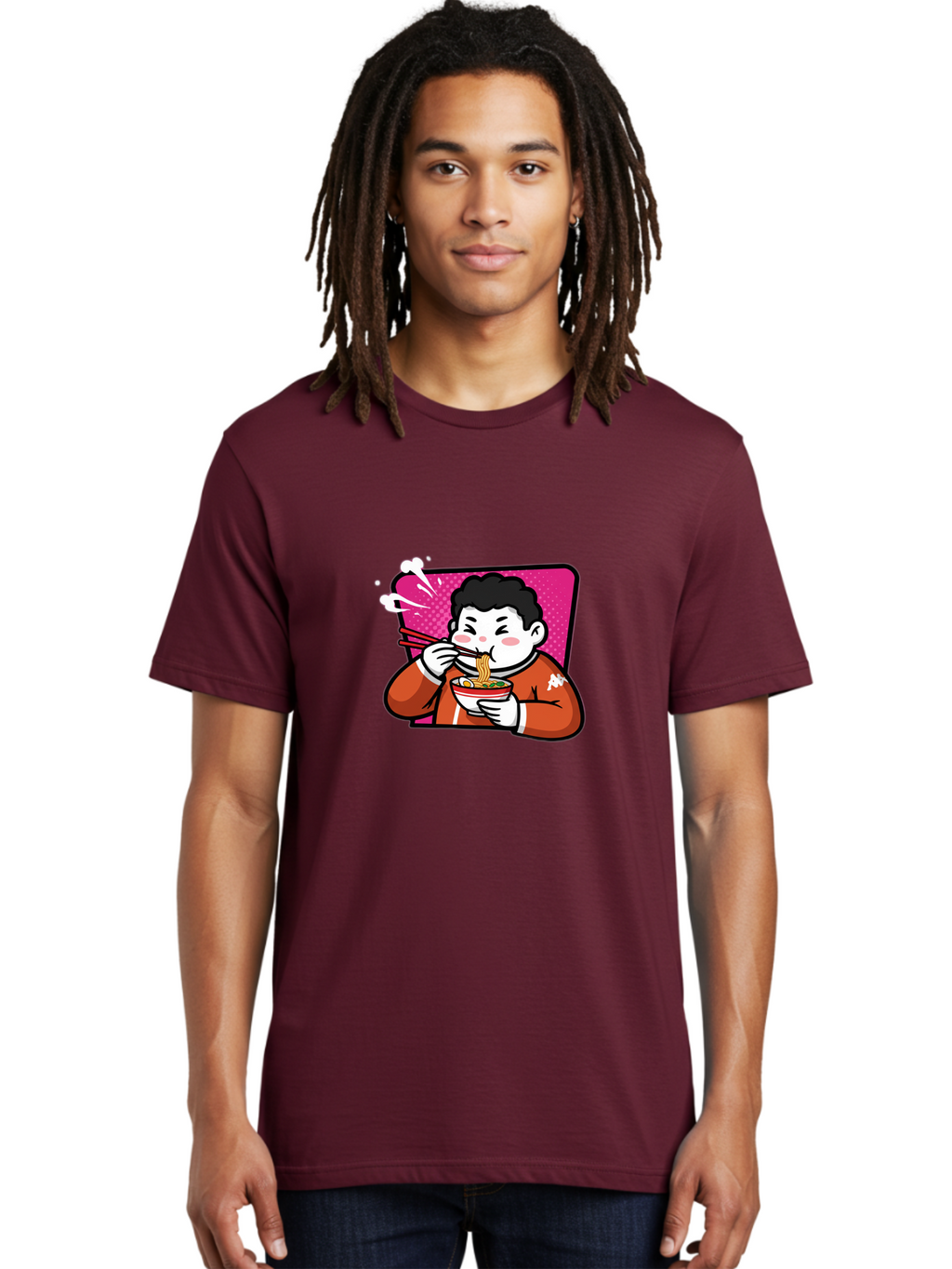 Man-Eating-Ramen Men'S Graphic Tee, 100% Cotton, Comfortable Casual Summer Wear, Machine Washable, Cartoon Boy Eating Ramen, Steaming Hot Noodles, Chopsticks In Action, Kawaii Character, Anime Style, Foodie Culture, Asian Cuisine, Baa966