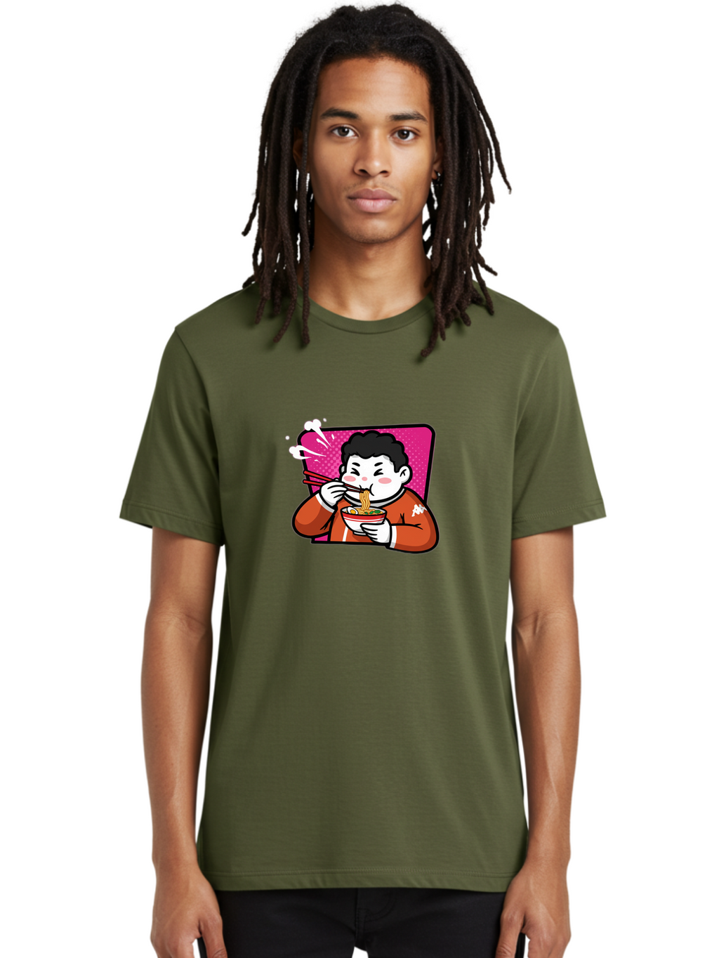 Man-Eating-Ramen Men'S Graphic Tee, 100% Cotton, Comfortable Casual Summer Wear, Machine Washable, Cartoon Boy Eating Ramen, Steaming Hot Noodles, Chopsticks In Action, Kawaii Character, Anime Style, Foodie Culture, Asian Cuisine, Baa966