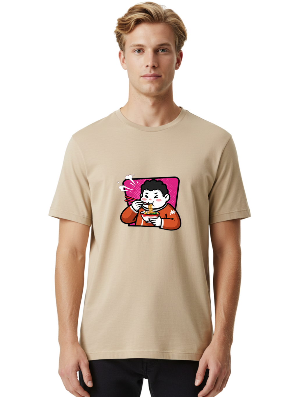 Man-Eating-Ramen Men'S Graphic Tee, 100% Cotton, Comfortable Casual Summer Wear, Machine Washable, Cartoon Boy Eating Ramen, Steaming Hot Noodles, Chopsticks In Action, Kawaii Character, Anime Style, Foodie Culture, Asian Cuisine, Baa966