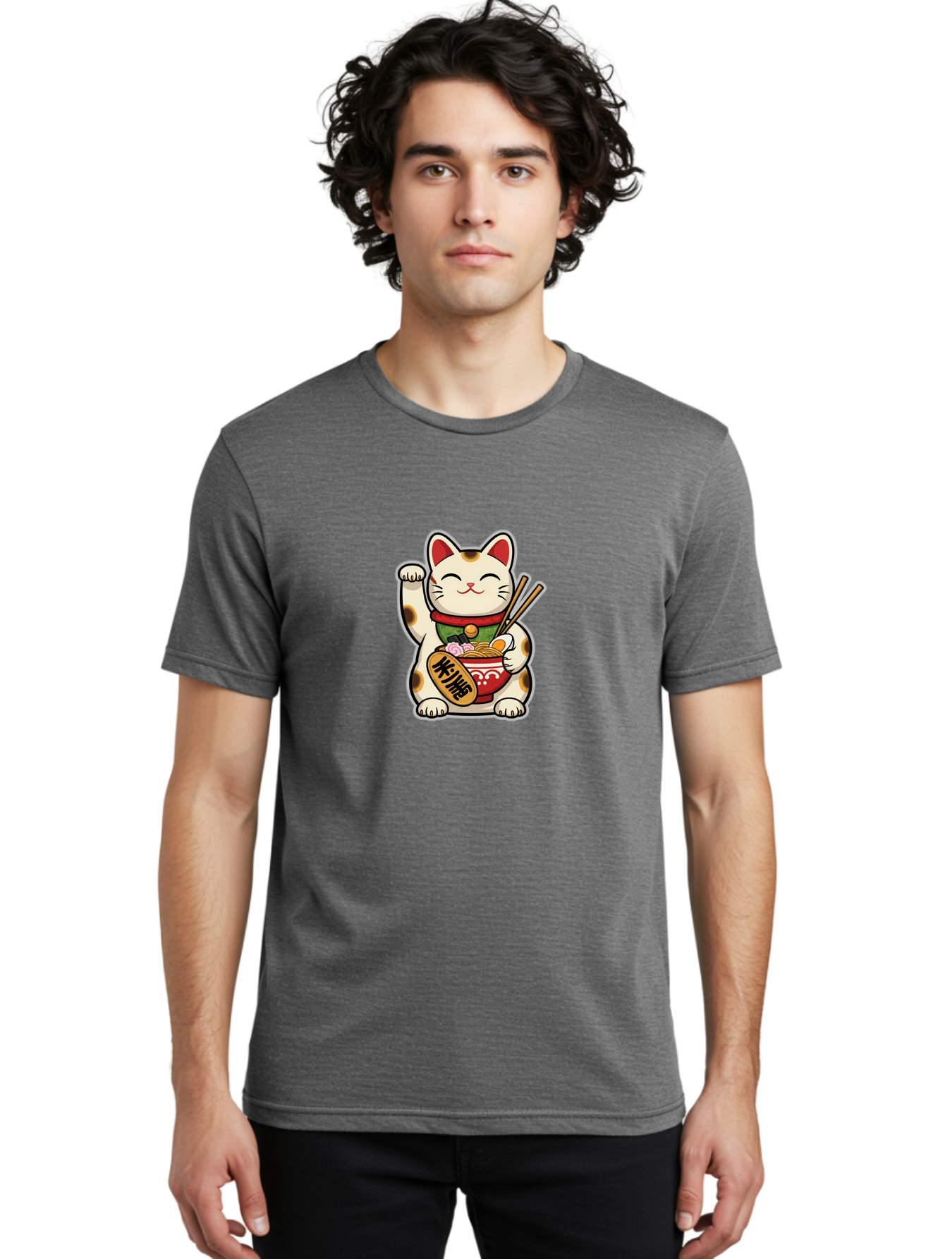 Maneki-Neko Men'S Graphic Tee, 100% Cotton, Comfortable Casual Summer Wear, Machine Washable, Lucky Cat Figurine, Beckoning Cat, Maneki Neko, Japanese Culture, Good Fortune Symbol, Cartoon Cat, Red And Green Collar, Bowl Of Noodles, Chopsticks Baa967