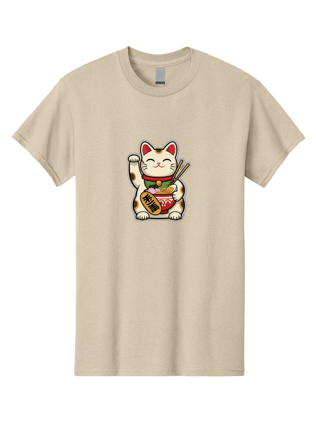 Maneki-Neko Men'S Graphic Tee, 100% Cotton, Comfortable Casual Summer Wear, Machine Washable, Lucky Cat Figurine, Beckoning Cat, Maneki Neko, Japanese Culture, Good Fortune Symbol, Cartoon Cat, Red And Green Collar, Bowl Of Noodles, Chopsticks Baa967