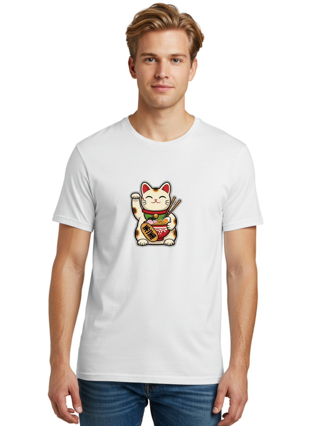 Maneki-Neko Men'S Graphic Tee, 100% Cotton, Comfortable Casual Summer Wear, Machine Washable, Lucky Cat Figurine, Beckoning Cat, Maneki Neko, Japanese Culture, Good Fortune Symbol, Cartoon Cat, Red And Green Collar, Bowl Of Noodles, Chopsticks Baa967