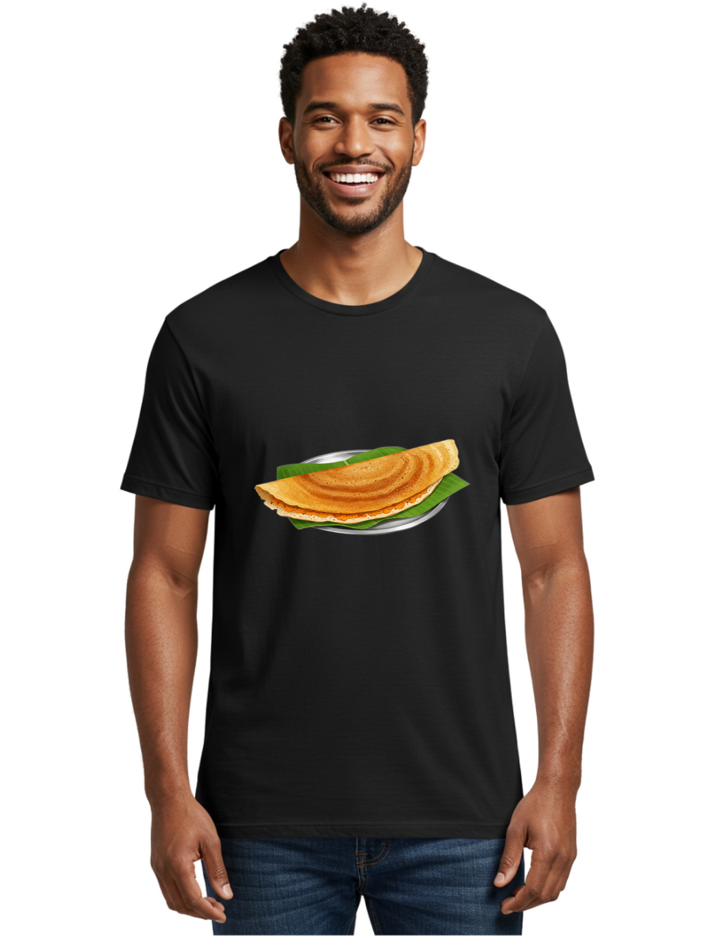 Masala-Dosa-1 Men'S Graphic Tee, 100% Cotton, Comfortable Casual Summer Wear, Machine Washable, South Indian Cuisine, Masala Dosa, Traditional Food, Fermented Crepe, Spicy Filling, Crispy Texture, Banana Leaf, Stainless Steel Plate, Baa970
