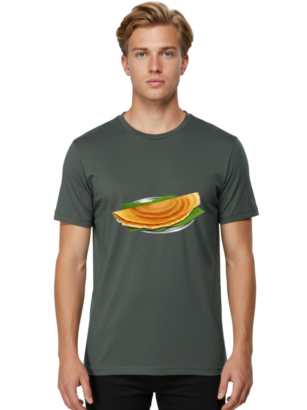 Masala-Dosa-1 Men'S Graphic Tee, 100% Cotton, Comfortable Casual Summer Wear, Machine Washable, South Indian Cuisine, Masala Dosa, Traditional Food, Fermented Crepe, Spicy Filling, Crispy Texture, Banana Leaf, Stainless Steel Plate, Baa970