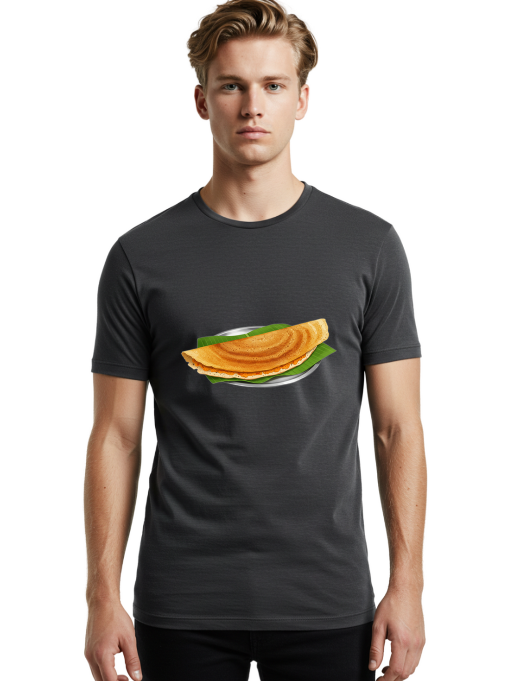 Masala-Dosa-1 Men'S Graphic Tee, 100% Cotton, Comfortable Casual Summer Wear, Machine Washable, South Indian Cuisine, Masala Dosa, Traditional Food, Fermented Crepe, Spicy Filling, Crispy Texture, Banana Leaf, Stainless Steel Plate, Baa970