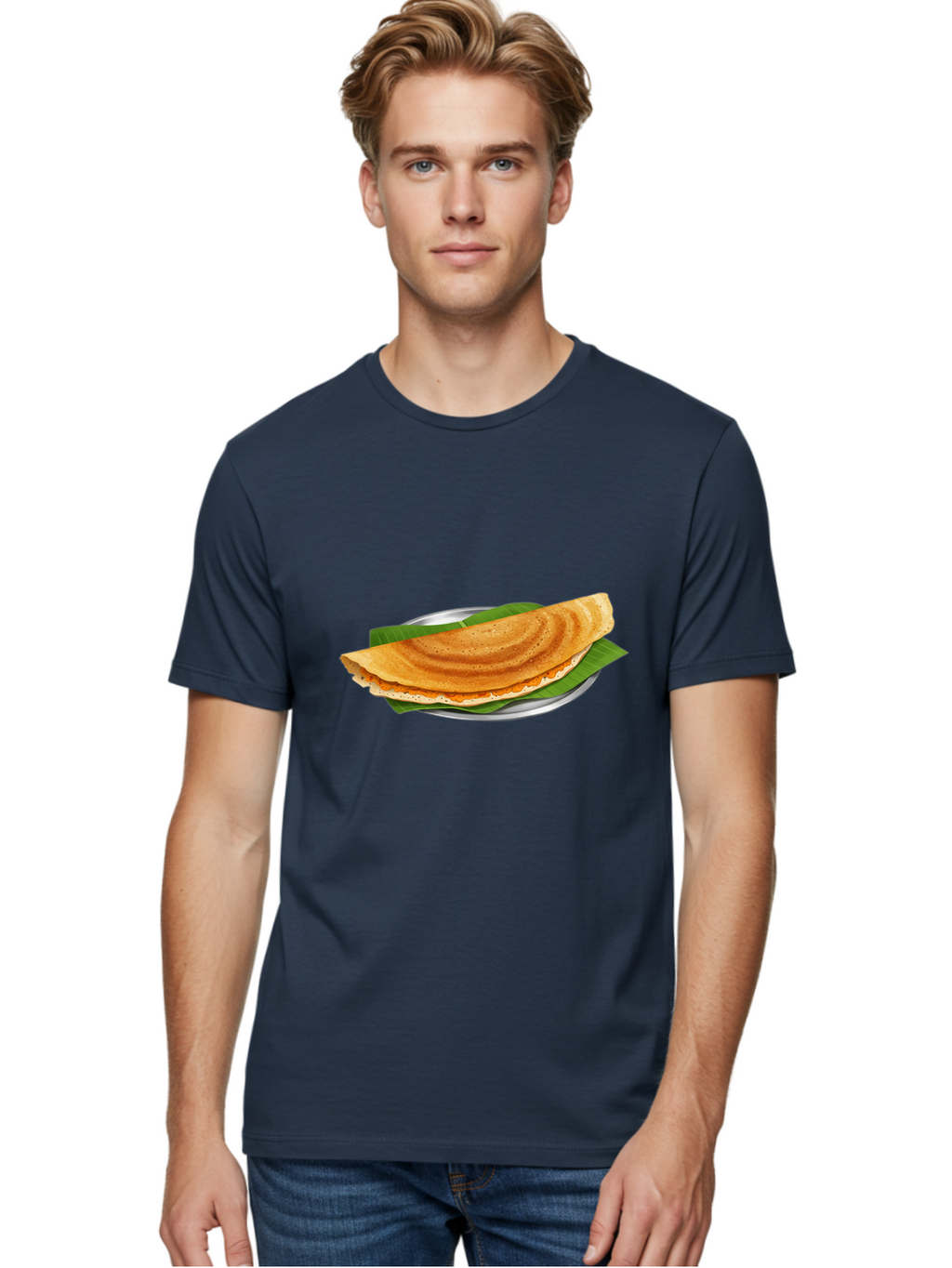 Masala-Dosa-1 Men'S Graphic Tee, 100% Cotton, Comfortable Casual Summer Wear, Machine Washable, South Indian Cuisine, Masala Dosa, Traditional Food, Fermented Crepe, Spicy Filling, Crispy Texture, Banana Leaf, Stainless Steel Plate, Baa970